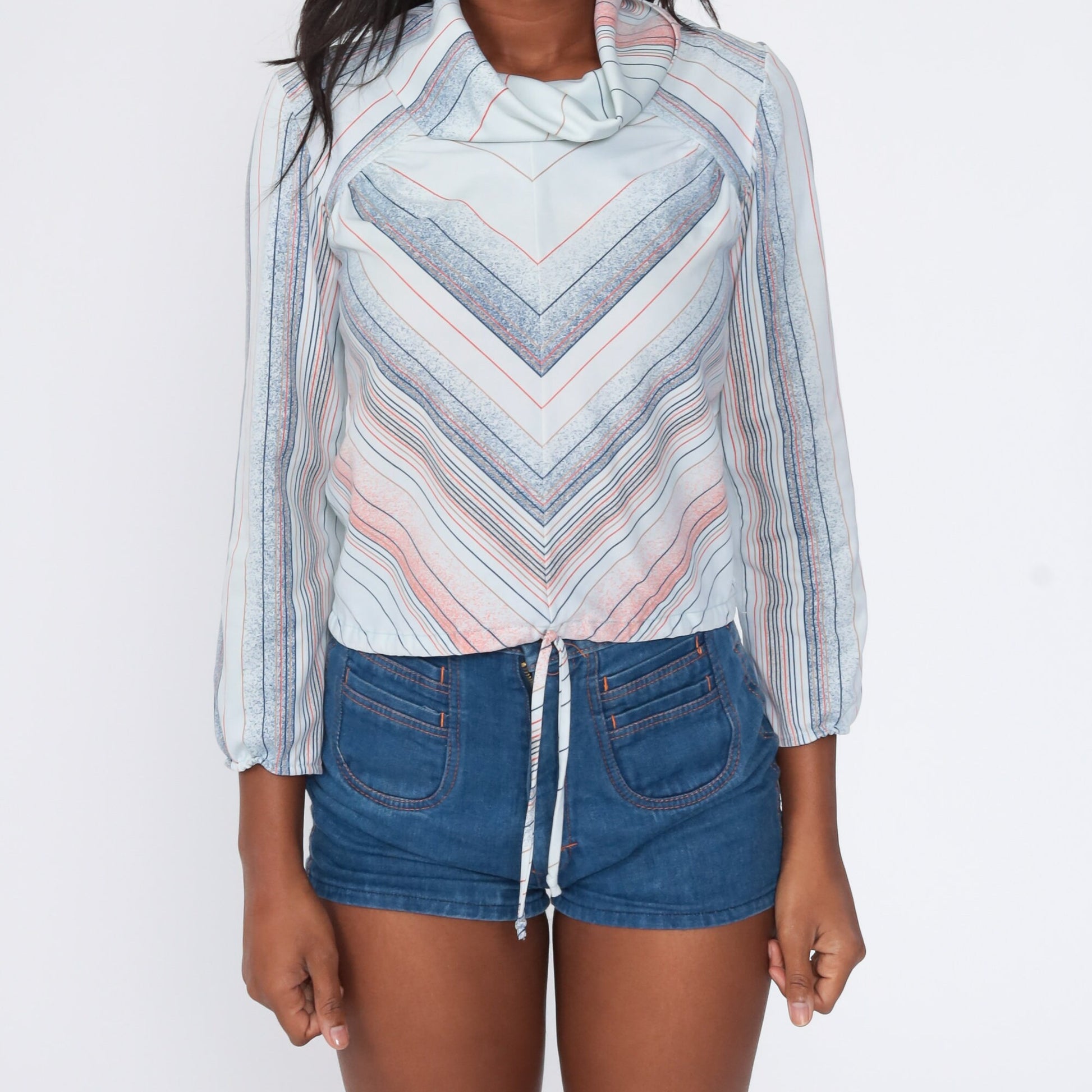 70s Chevron Striped Cowl Neck Blouse Blue Long Sleeve Small