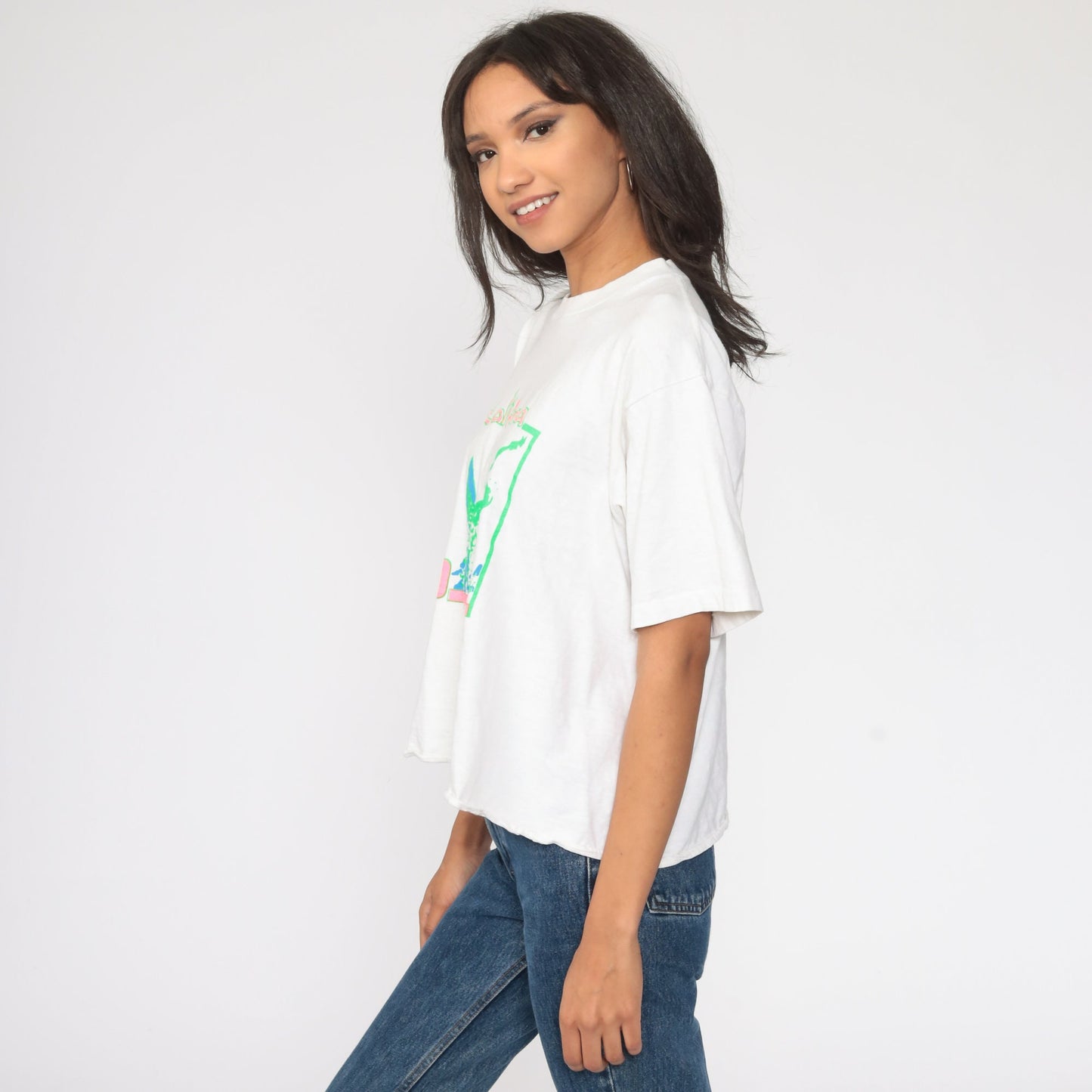 90s Neon Surfer Graphic T-Shirt California White Green Crop Large L