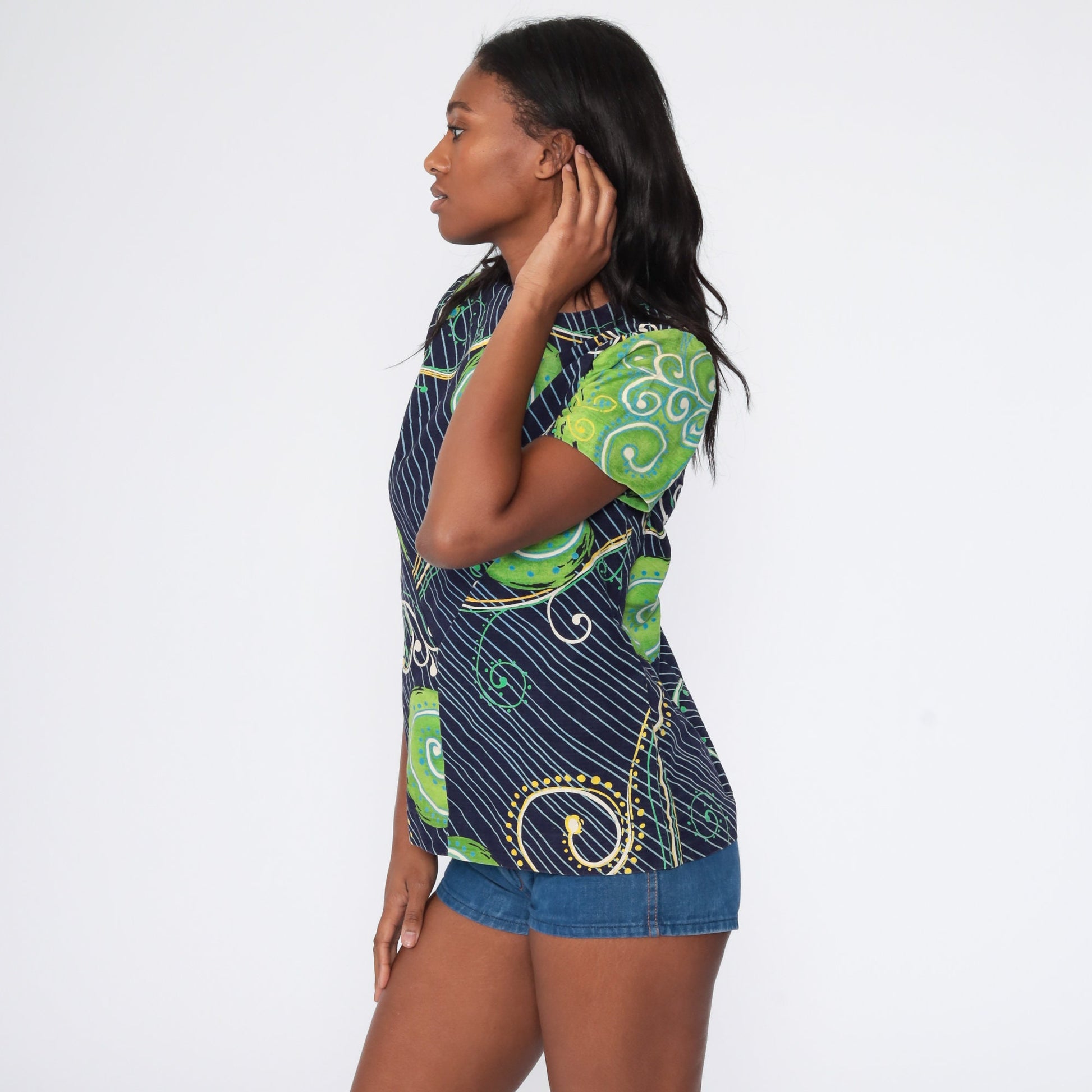 70s Psychedelic Swirl Print Tunic Blouse Dark Blue Short Sleeve Medium