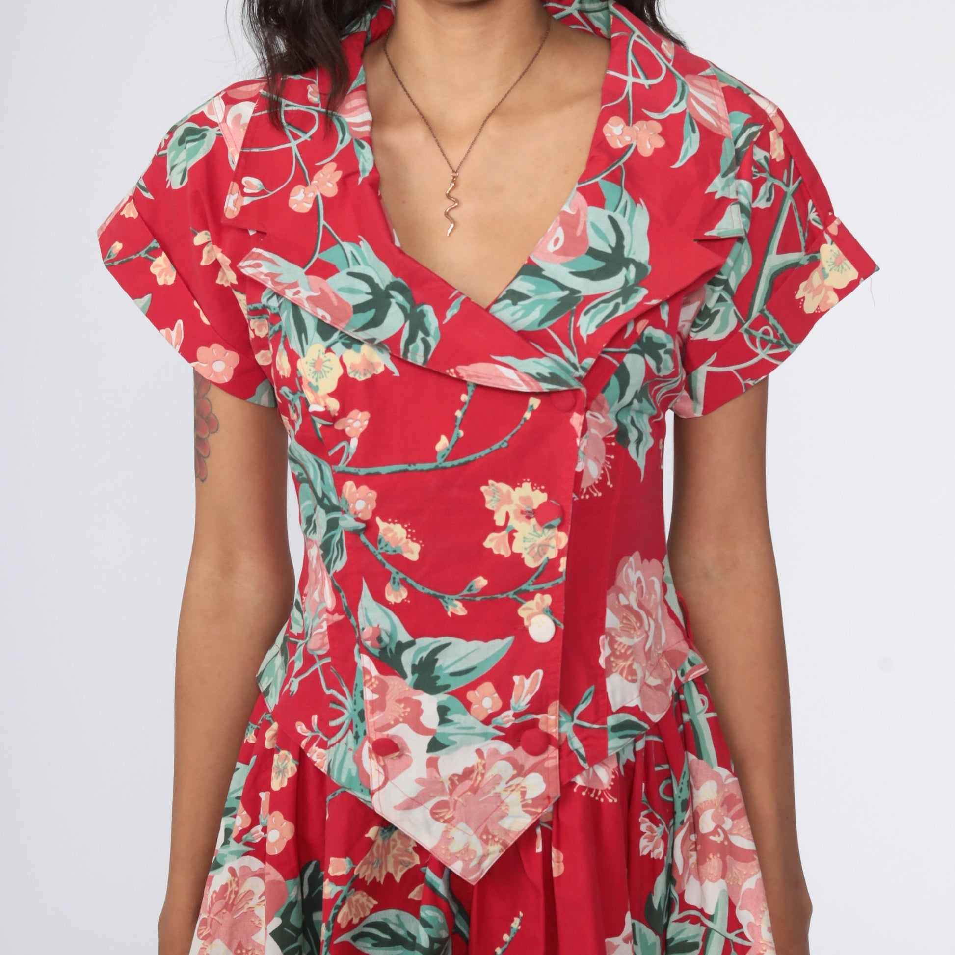90s Red Floral Midi Dress High Waist Button Up Full Skirt Small
