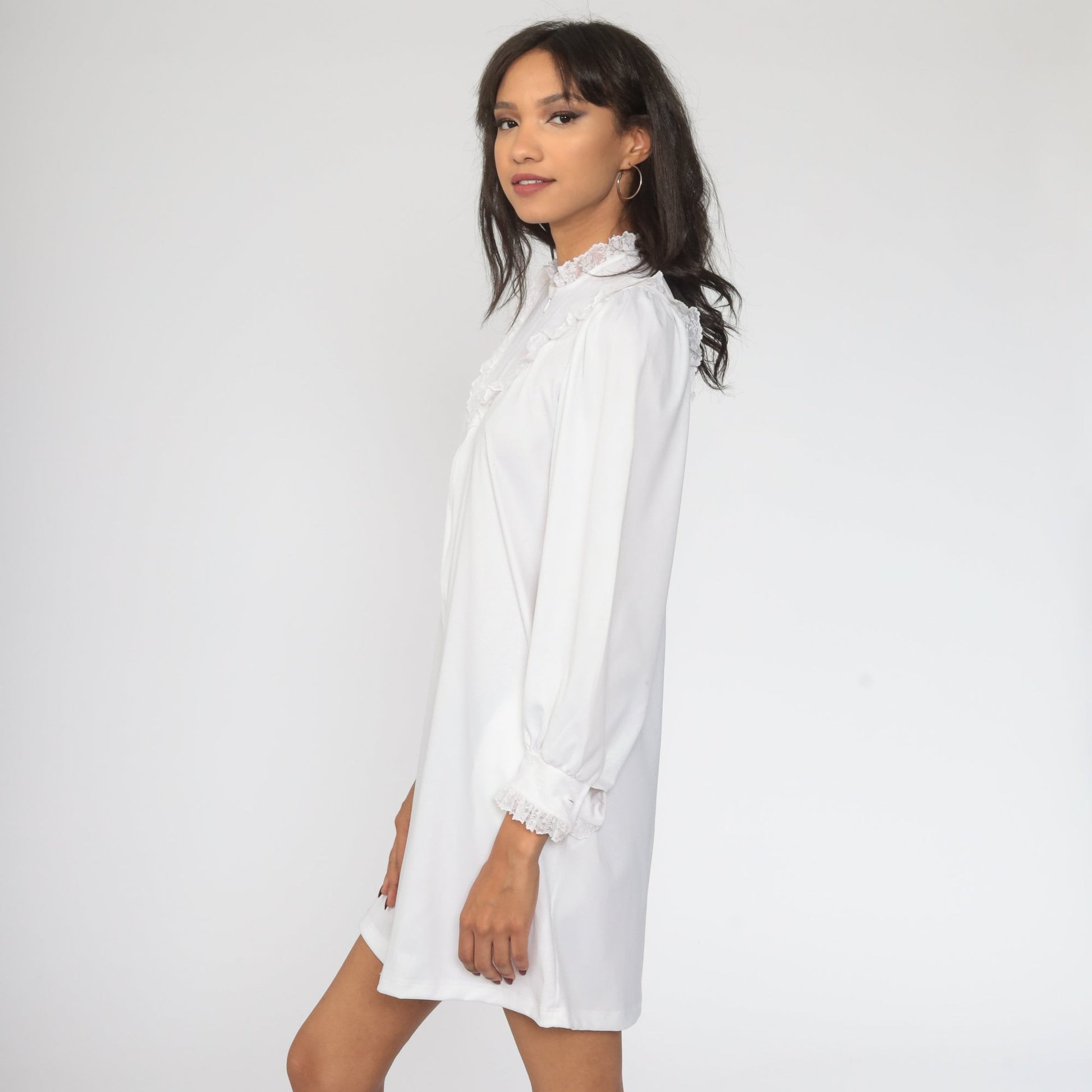 70s White Lace Bib Mini Dress Puff Sleeve Shift Small