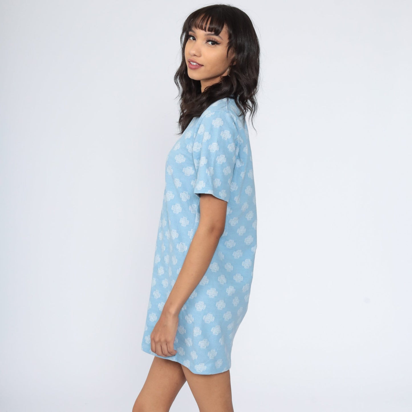 70s Geometric Print Shift Dress Mini Length Cotton Short Sleeve Medium