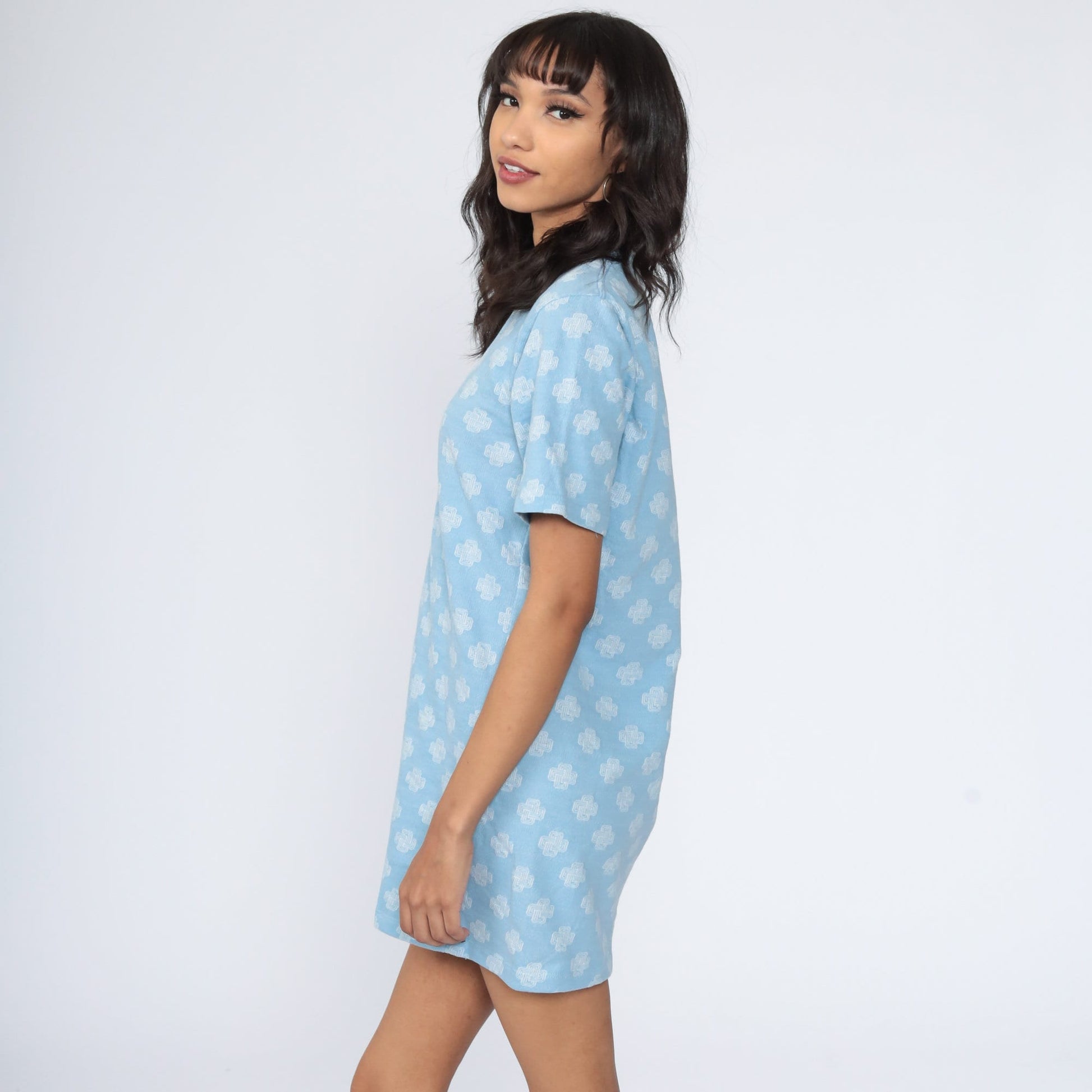 70s Geometric Print Shift Dress Mini Length Cotton Short Sleeve Medium