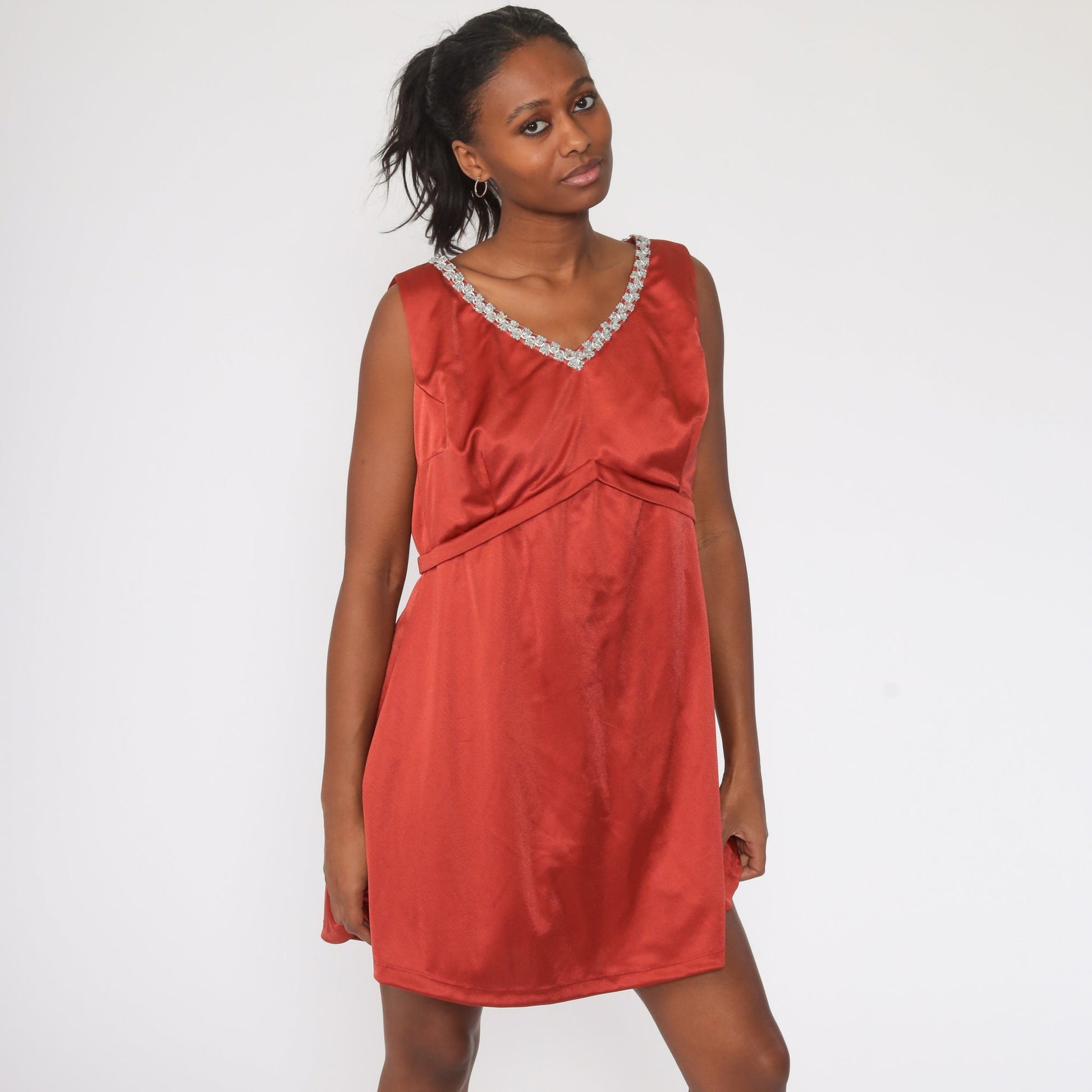 70s Rust Red Metallic Trim Empire Waist Mini Dress Sleeveless Large