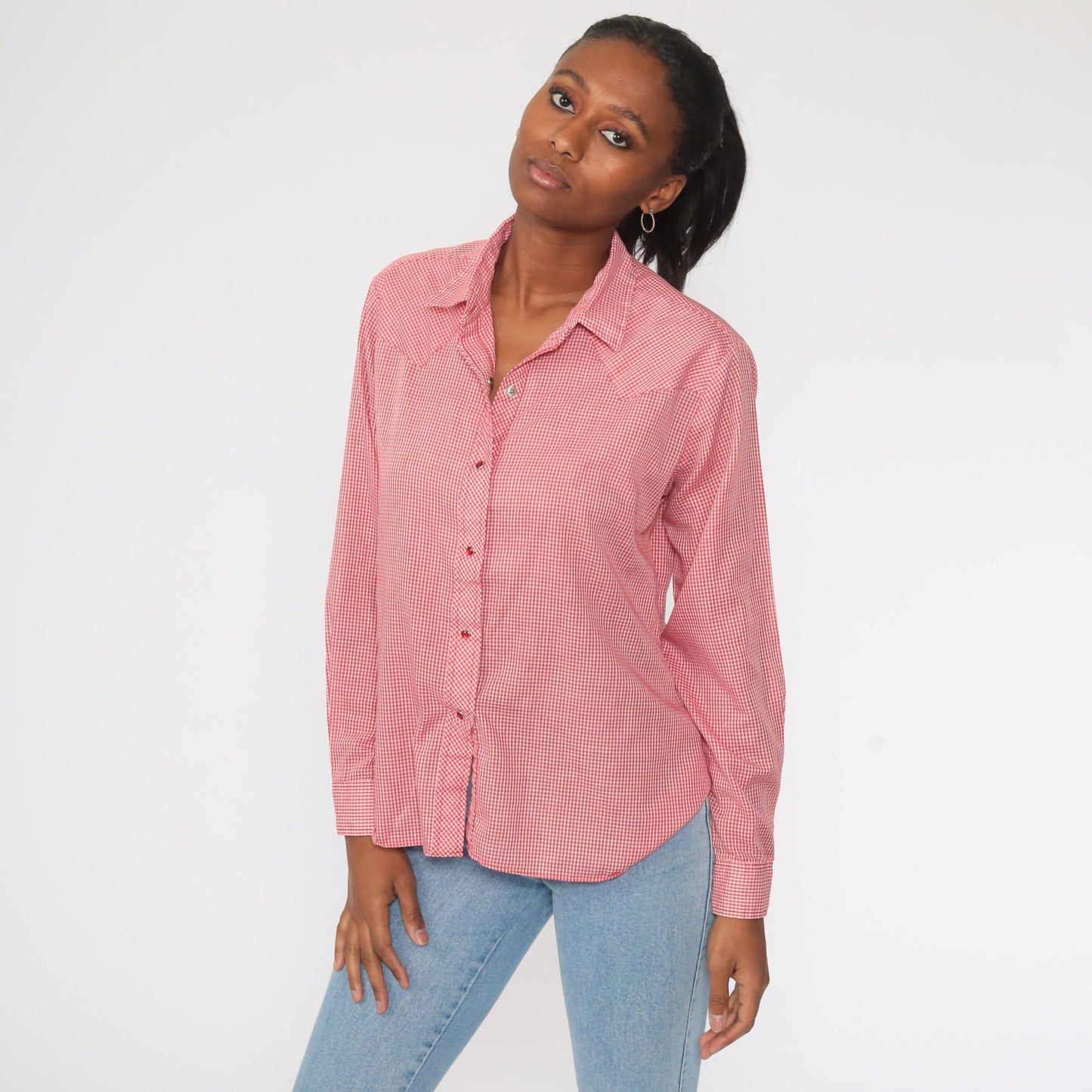 80s Red Gingham Pearl Snap Western Shirt Long Sleeve Large