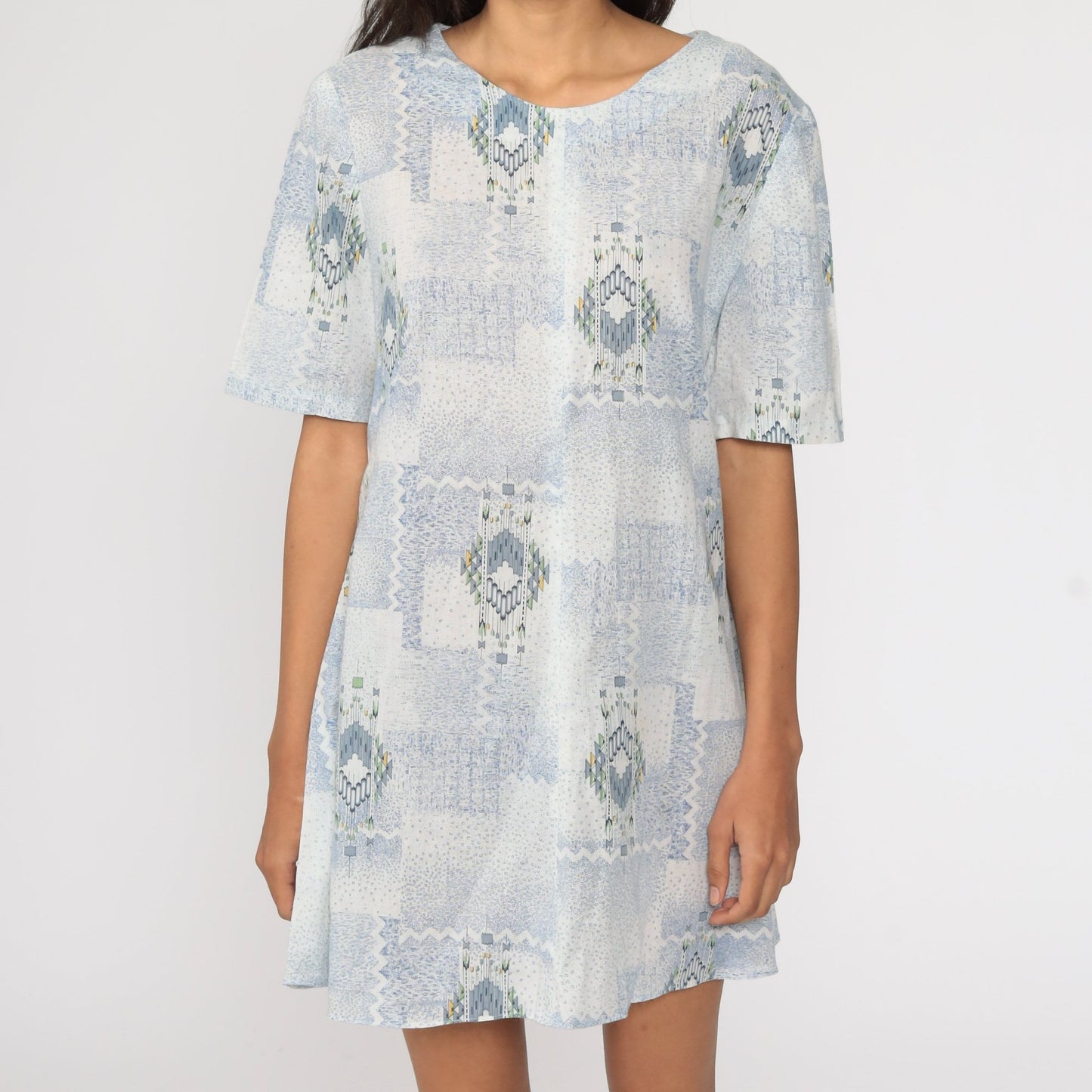 1960s Geometric Print Shift Dress Light Blue Mini Short Sleeve Large