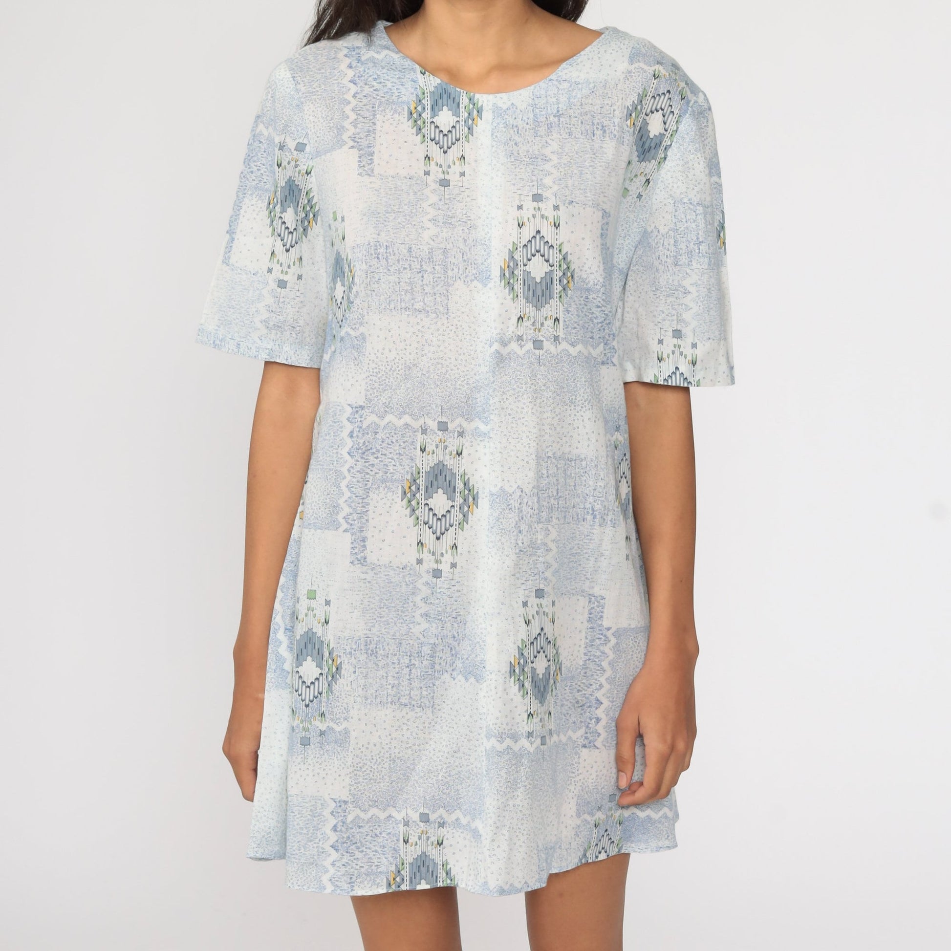1960s Geometric Print Shift Dress Light Blue Mini Short Sleeve Large