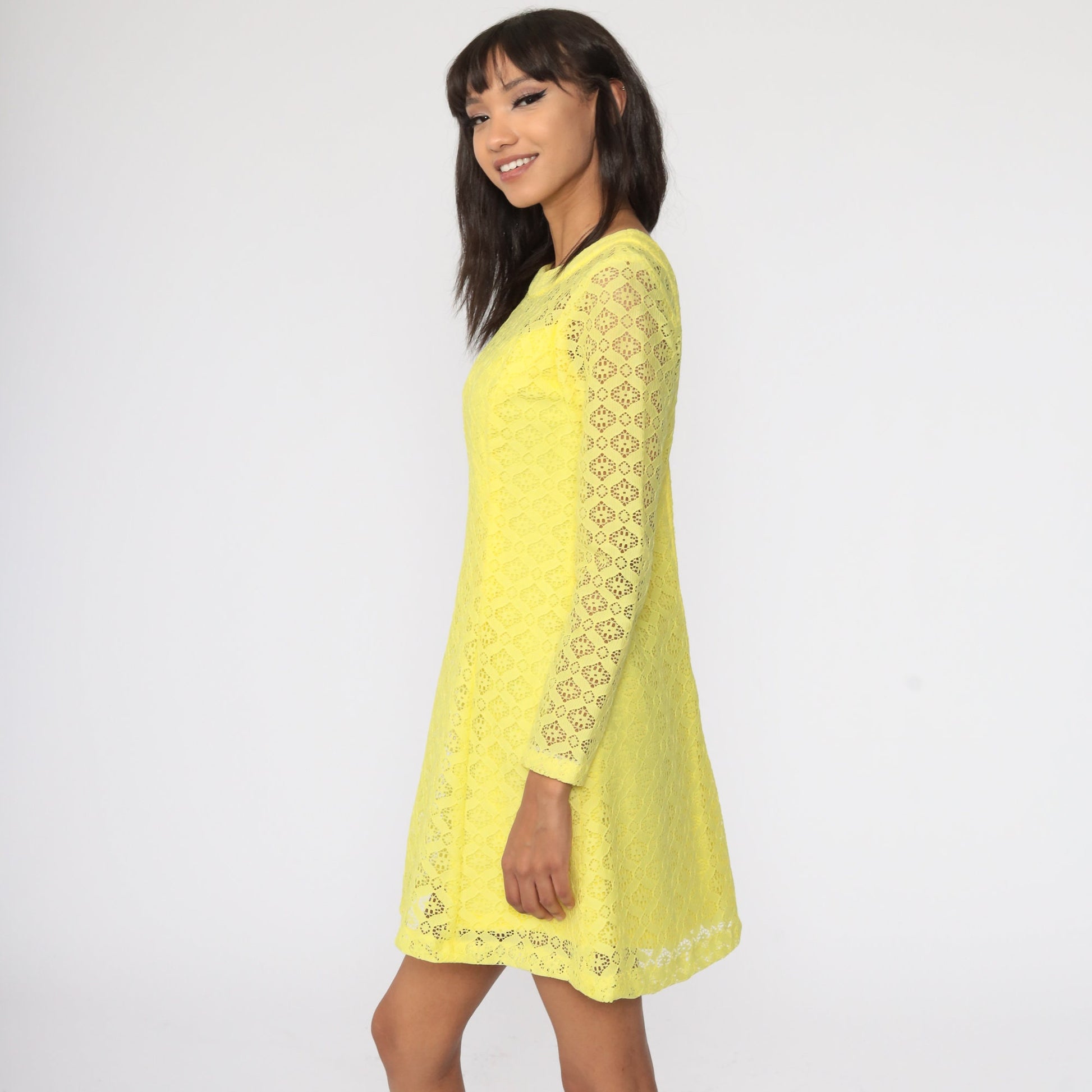60s Yellow Lace Mini Dress Illusion Neckline Shift Long Sleeve Small Medium