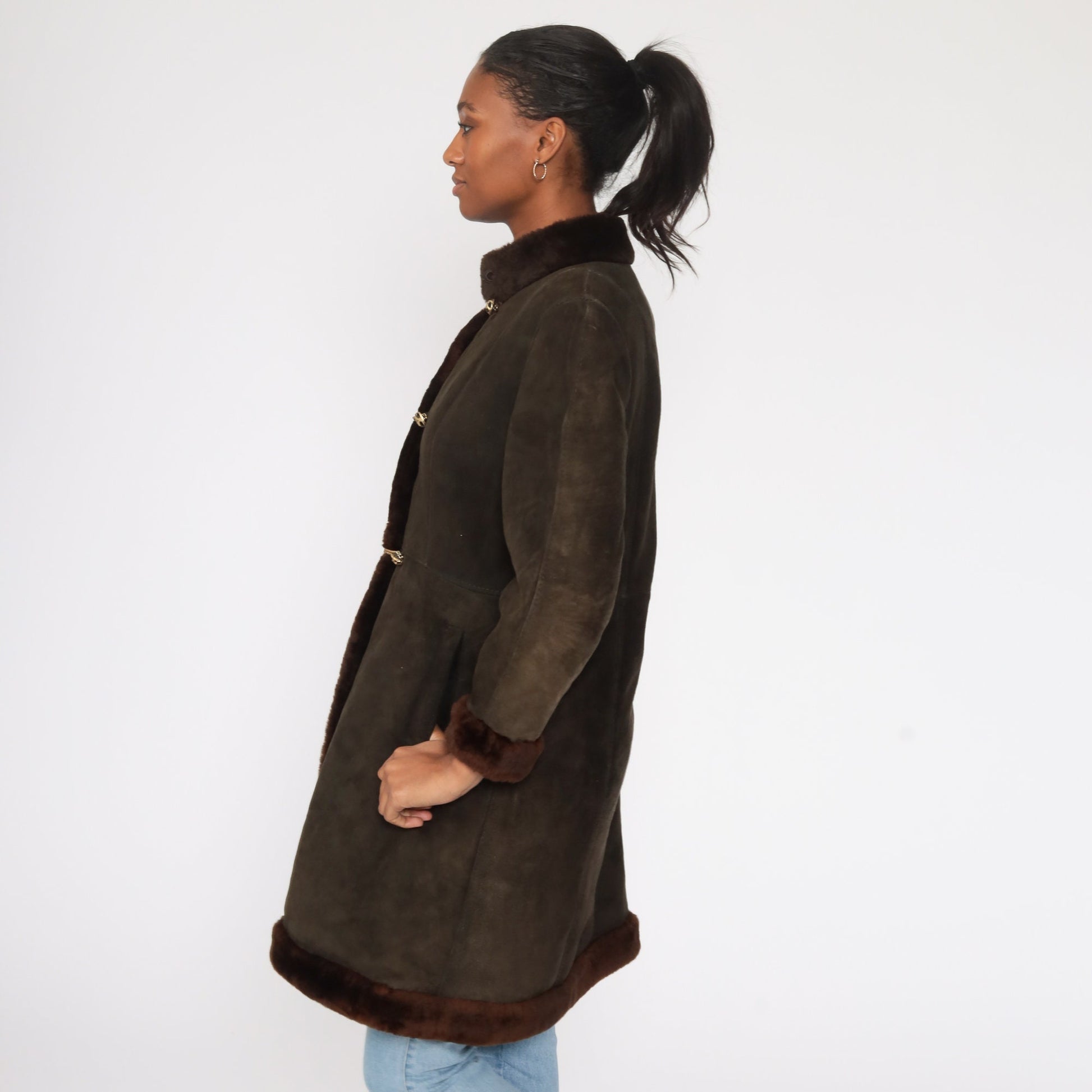80s Brown Suede Coat Fur Lined Long Jacket Small