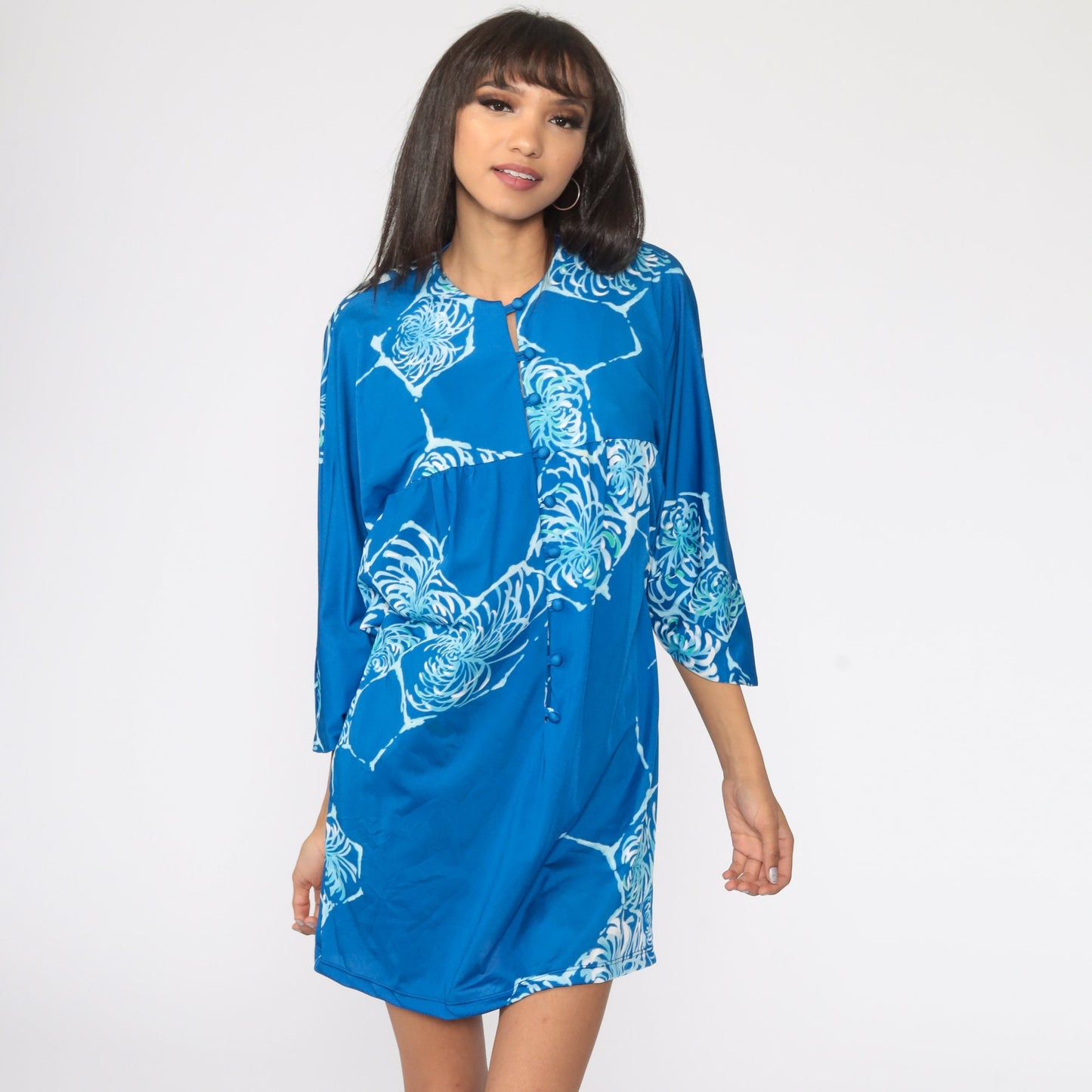 70s Liberty House Floral Shift Dress Blue Dolman Sleeve Mini Medium