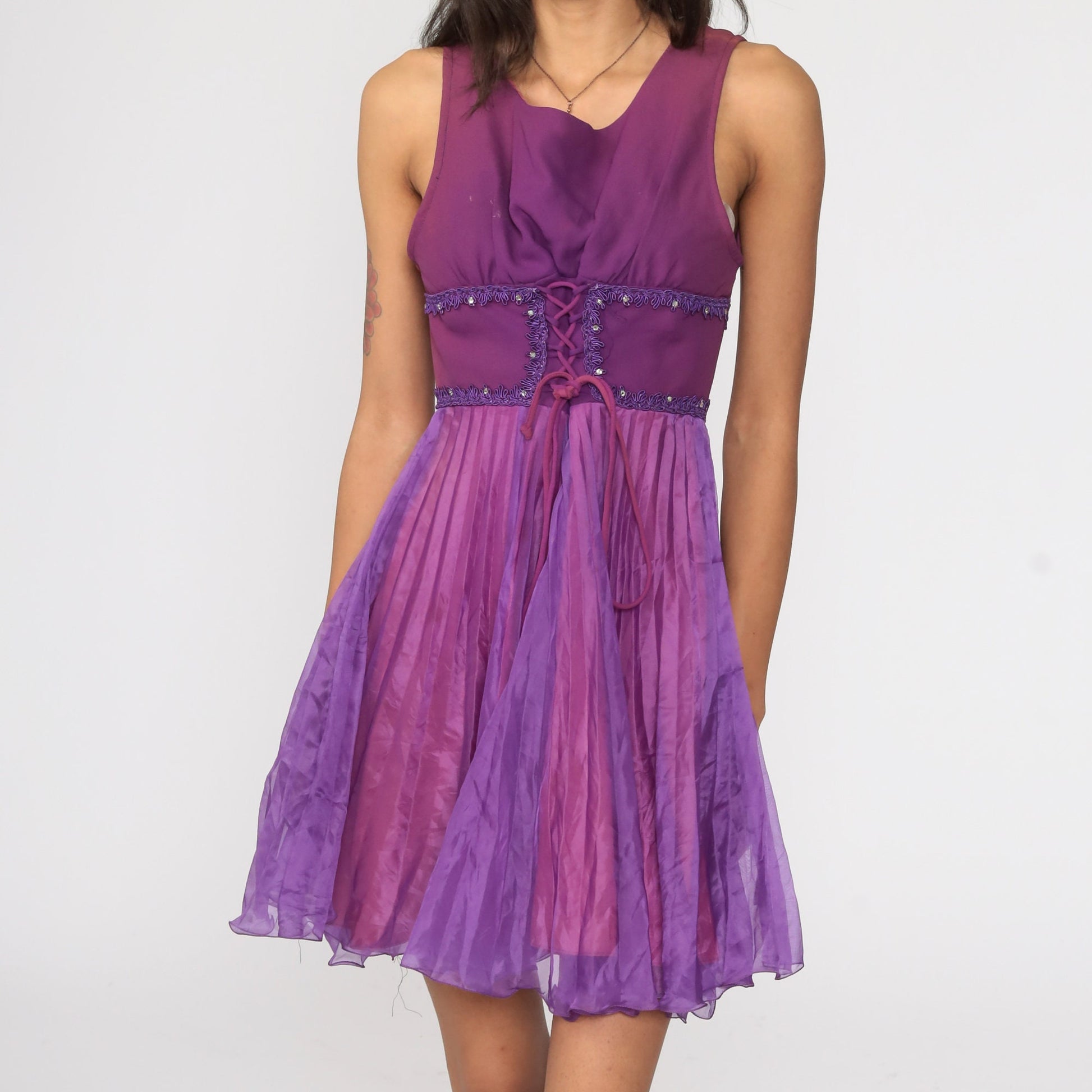 70s Purple Mini Dress Pleated Lace-Up Corset Waist Sleeveless Empire Extra Small