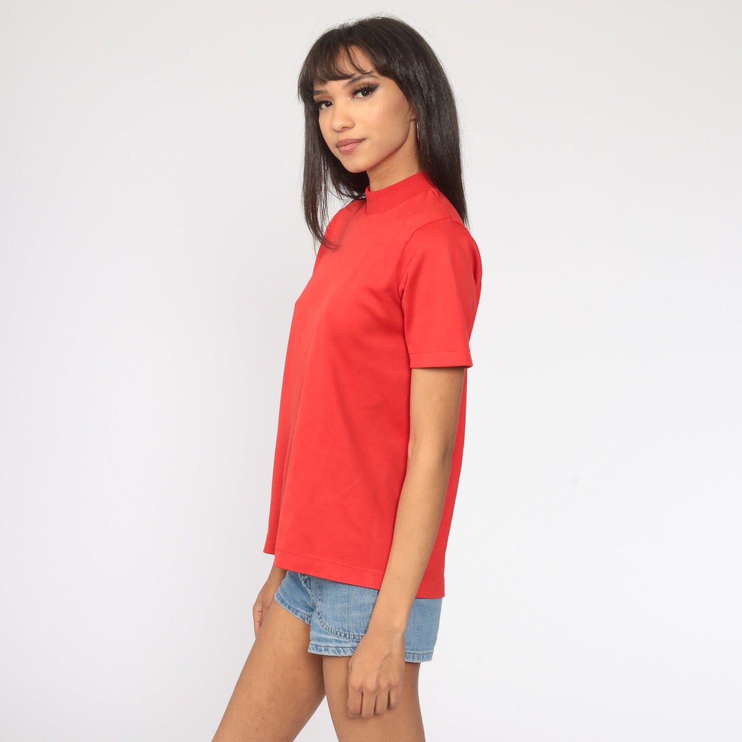 70s Red Mock Neck Ribbed Shirt Short Sleeve Vintage Blouse Medium Large