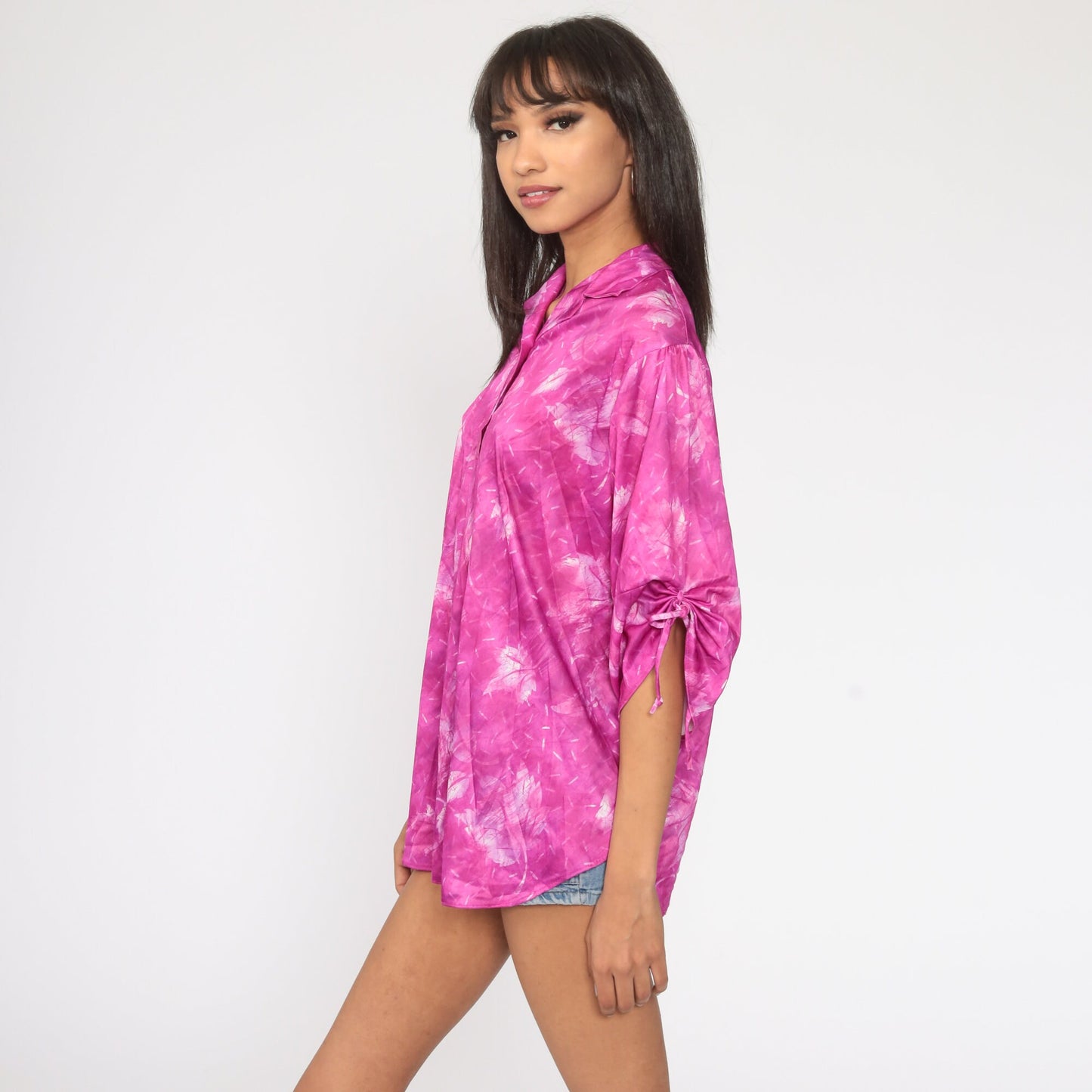 80s Purple Leaf Print Button-Up Blouse Short Sleeve Shirt Large