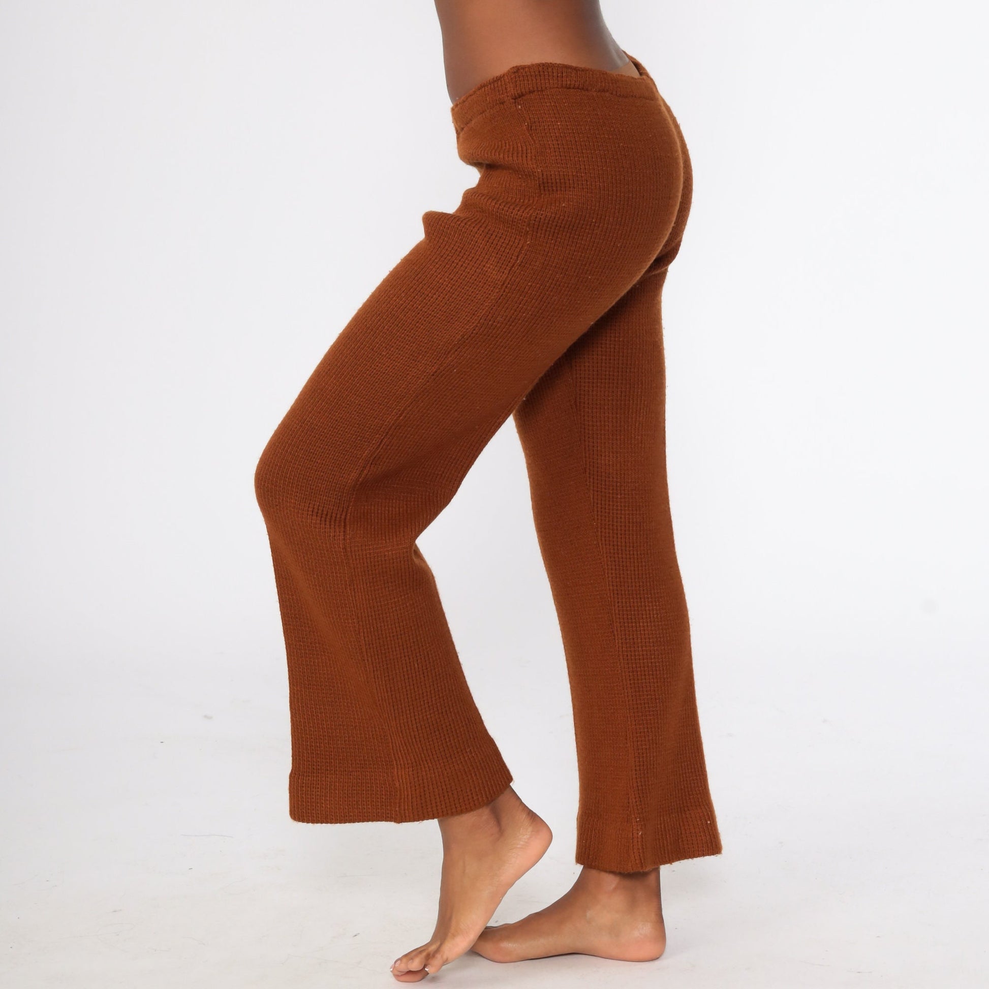 70s Nordak Sportswear Bell Bottom Pants Brown Knit High Waisted Medium