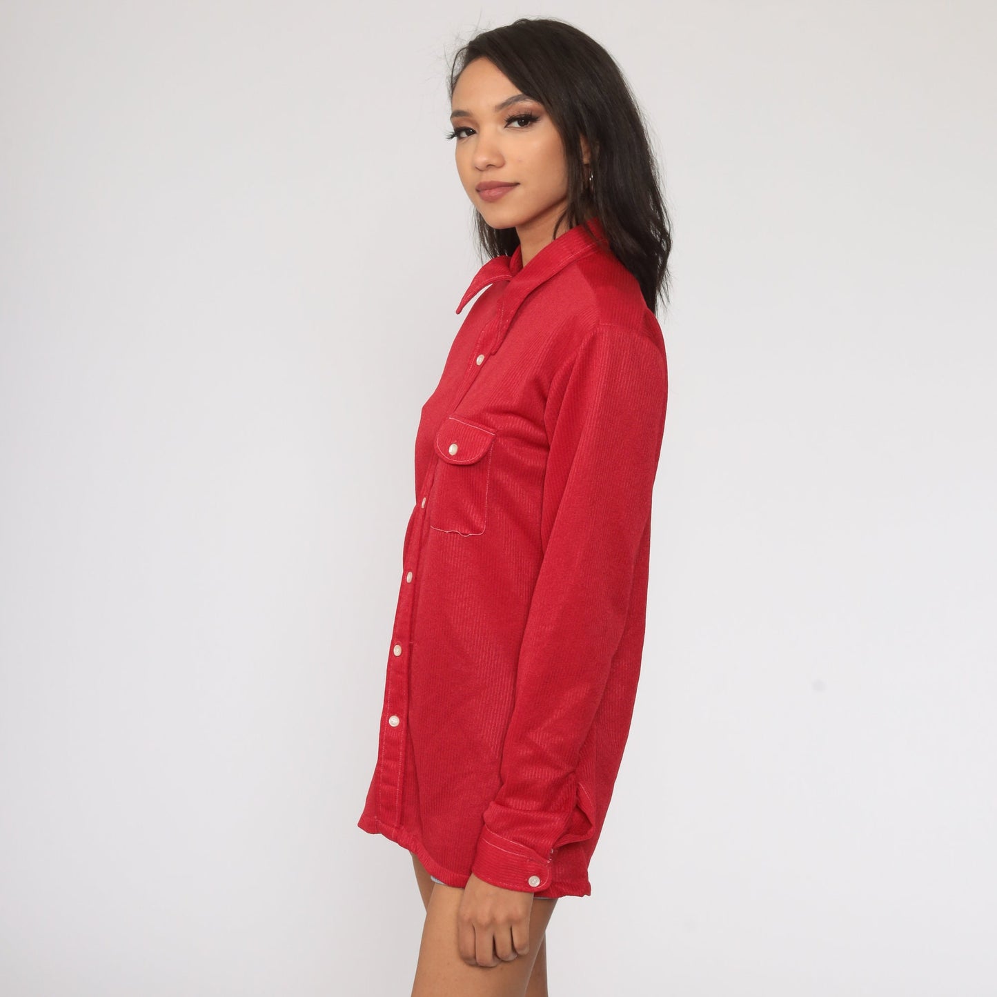 70s Red Dagger Collar Button-Up Shirt Topstitched Long Sleeve Medium Large