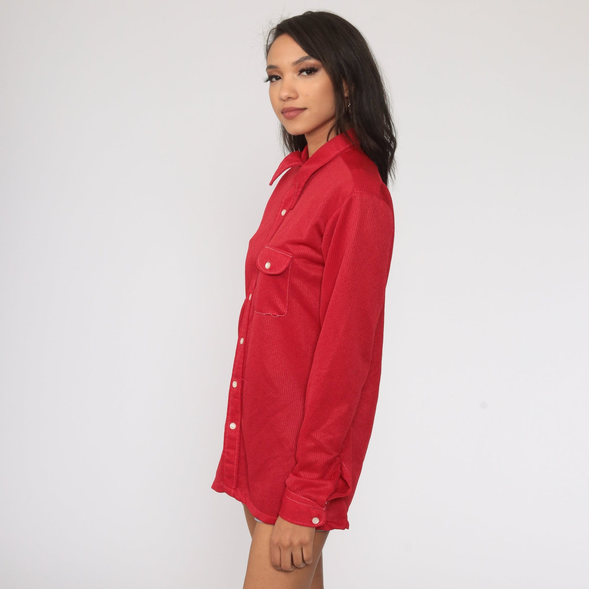 70s Red Dagger Collar Button-Up Shirt Topstitched Long Sleeve Medium Large
