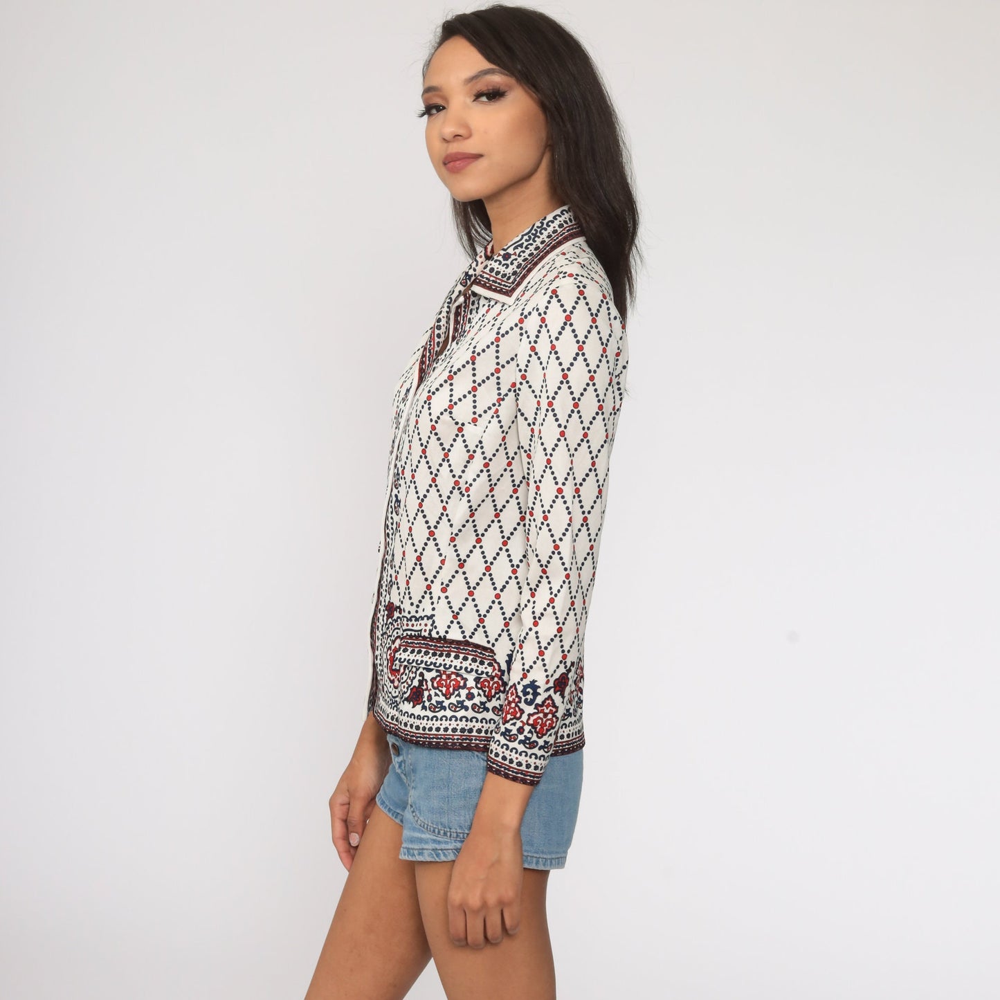 70s Floral Paisley Print Button-Up Blouse White Long Sleeve Small
