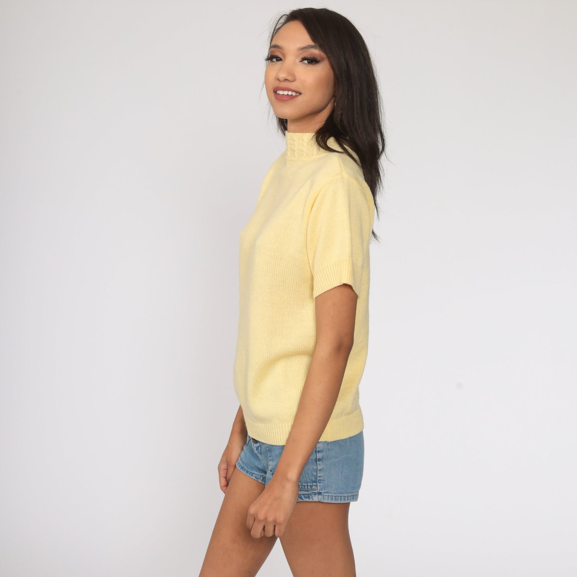 80s Yellow Mock Neck Knit Top Short Sleeve Cable Sweater Small
