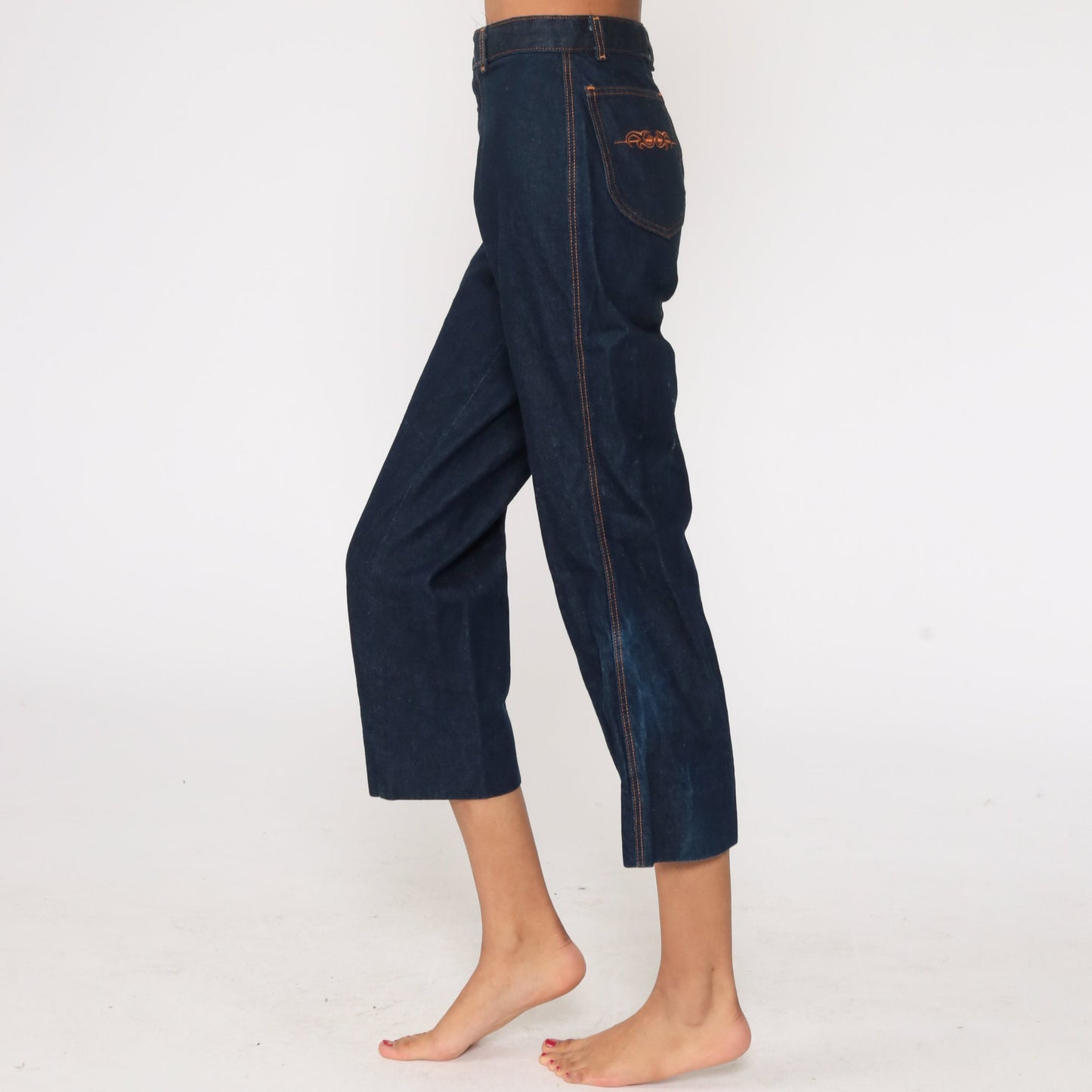 70s High Waisted Straight Leg Cropped Jeans Blue Denim Extra Small