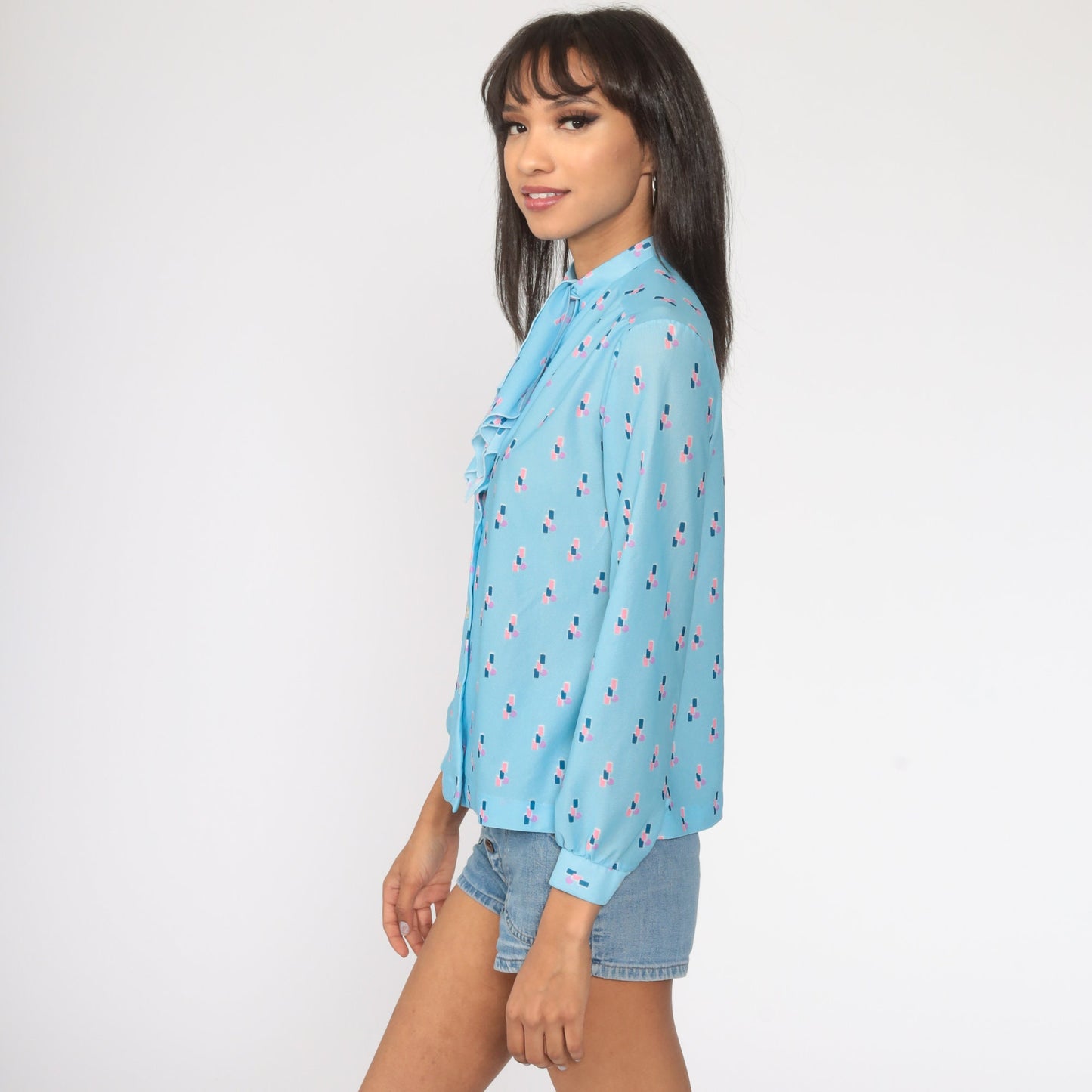 70s-80s Baby Blue Ascot Blouse Long Sleeve Button Up Secretary Shirt Medium