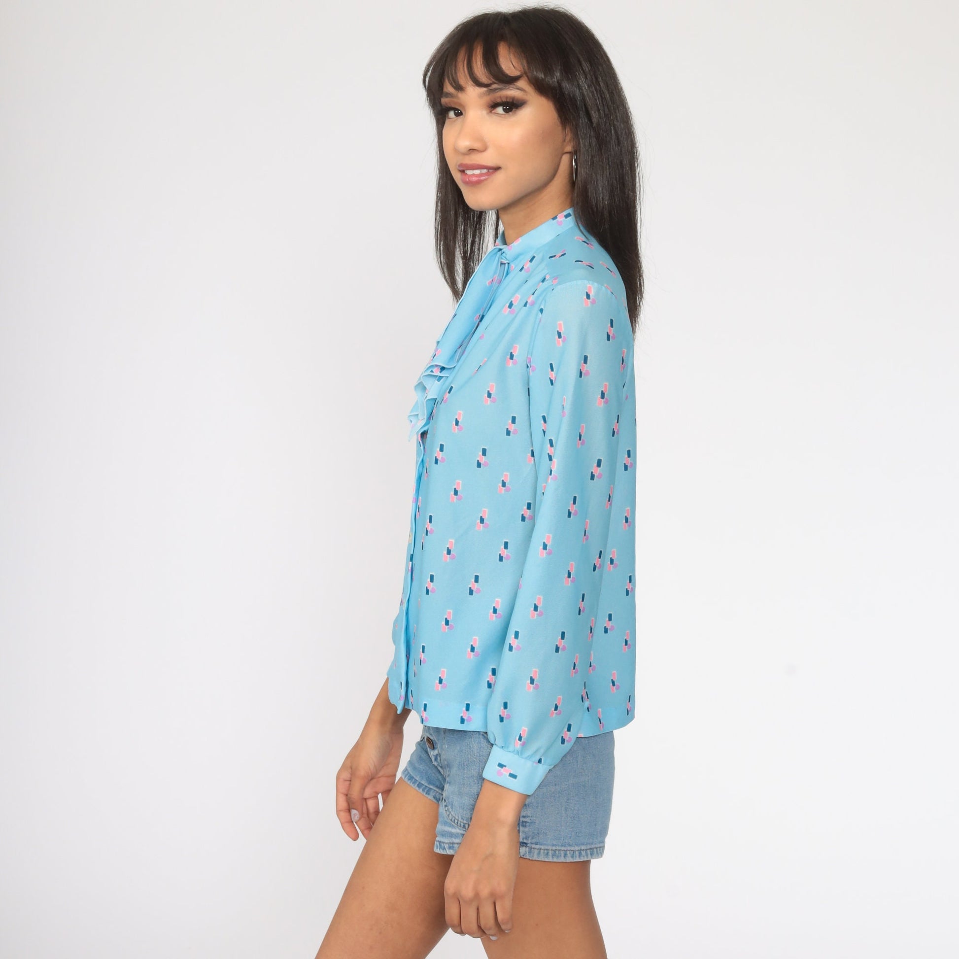 70s-80s Baby Blue Ascot Blouse Long Sleeve Button Up Secretary Shirt Medium