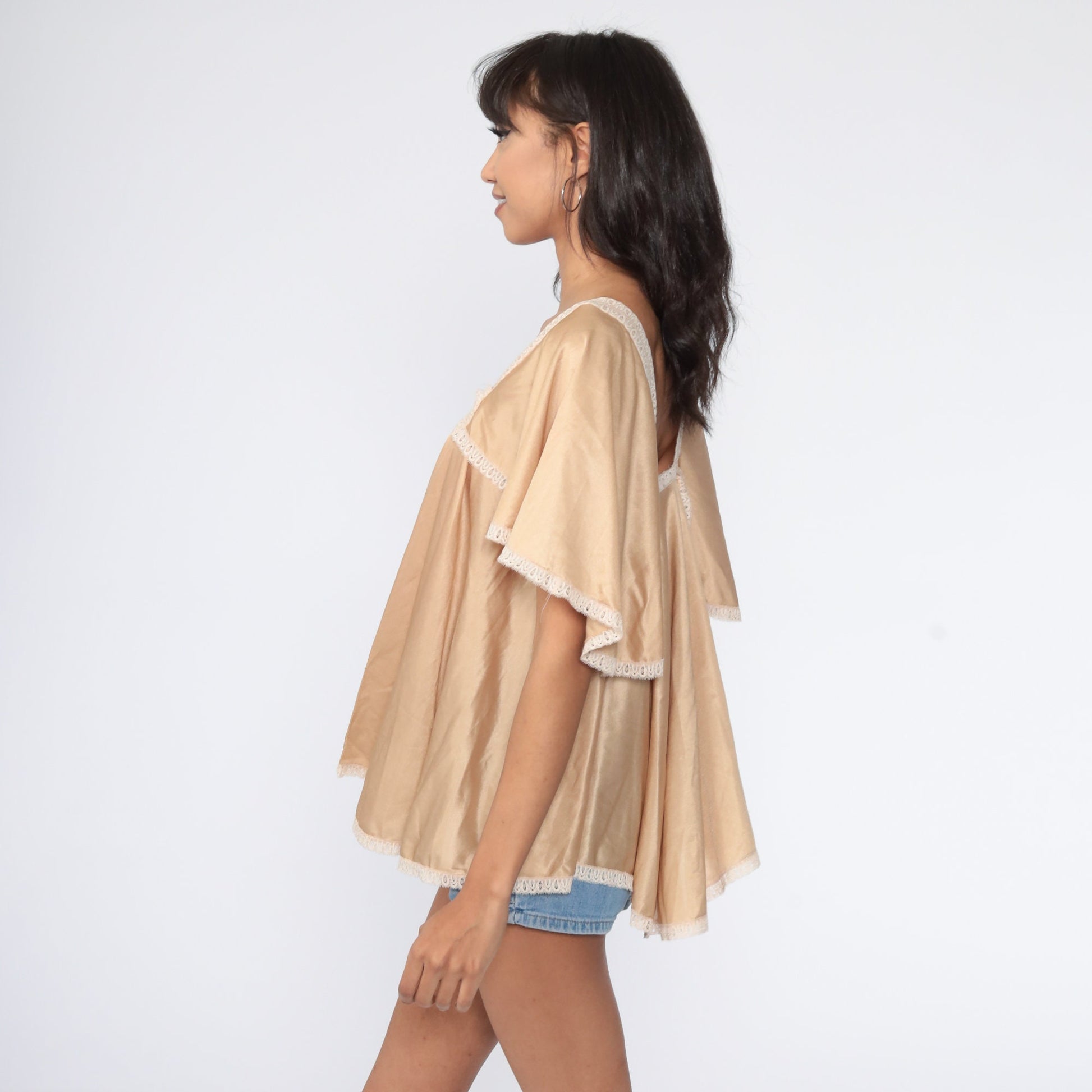 70s Tan Flutter Sleeve Tent Top Tunic Blouse Extra Small