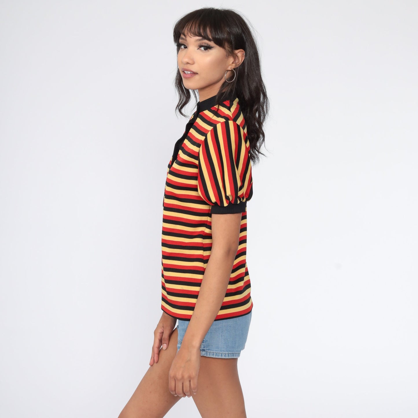 70s Red Yellow Striped Puff Sleeve Button-Up Blouse Small