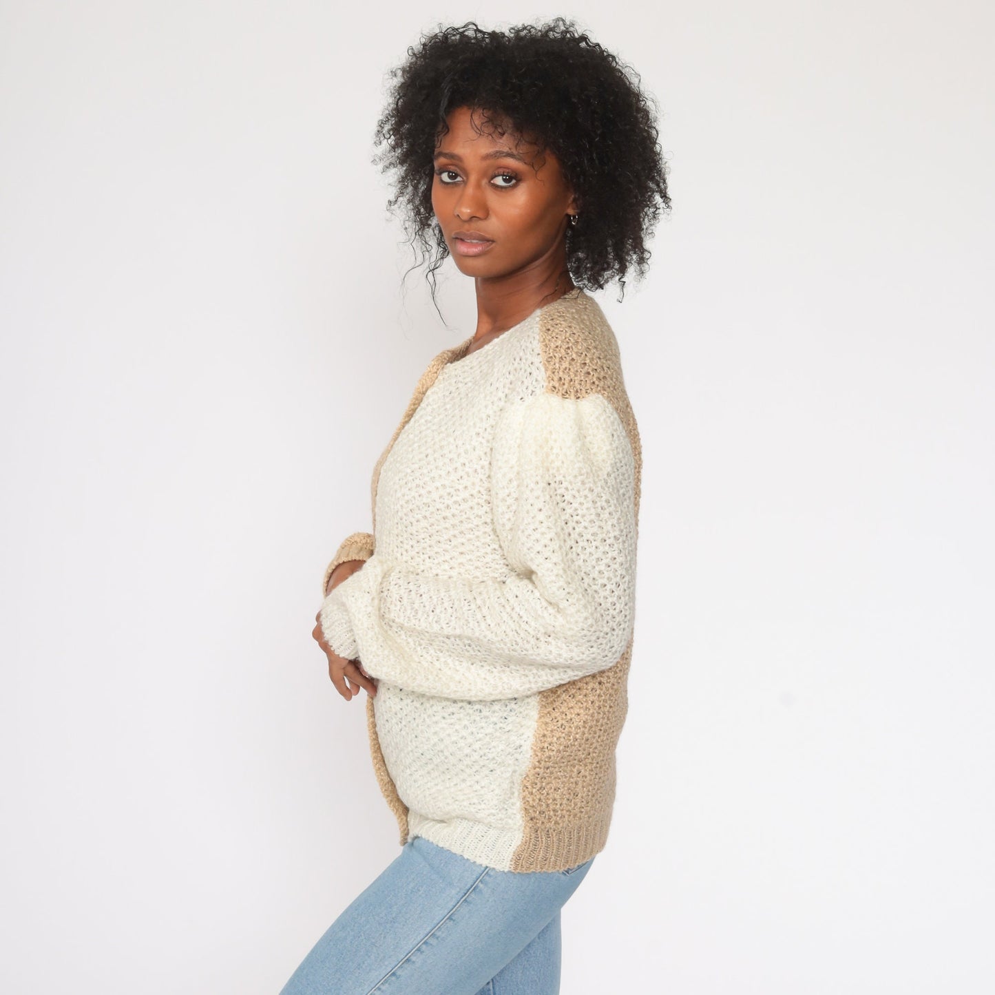 80s Color Block Cardigan Sweater Keyhole Puff Sleeve Knit Tan Medium