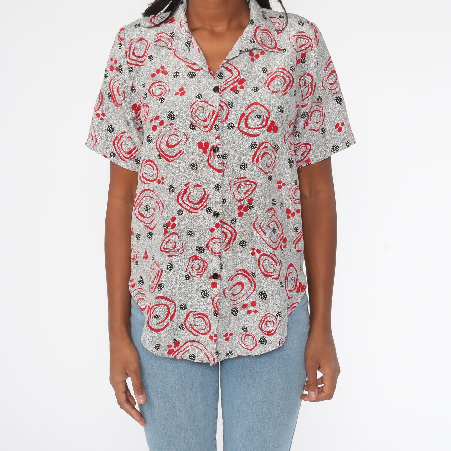 90s Abstract Floral Polka Dot Button Up Shirt Red Black Short Sleeve Medium