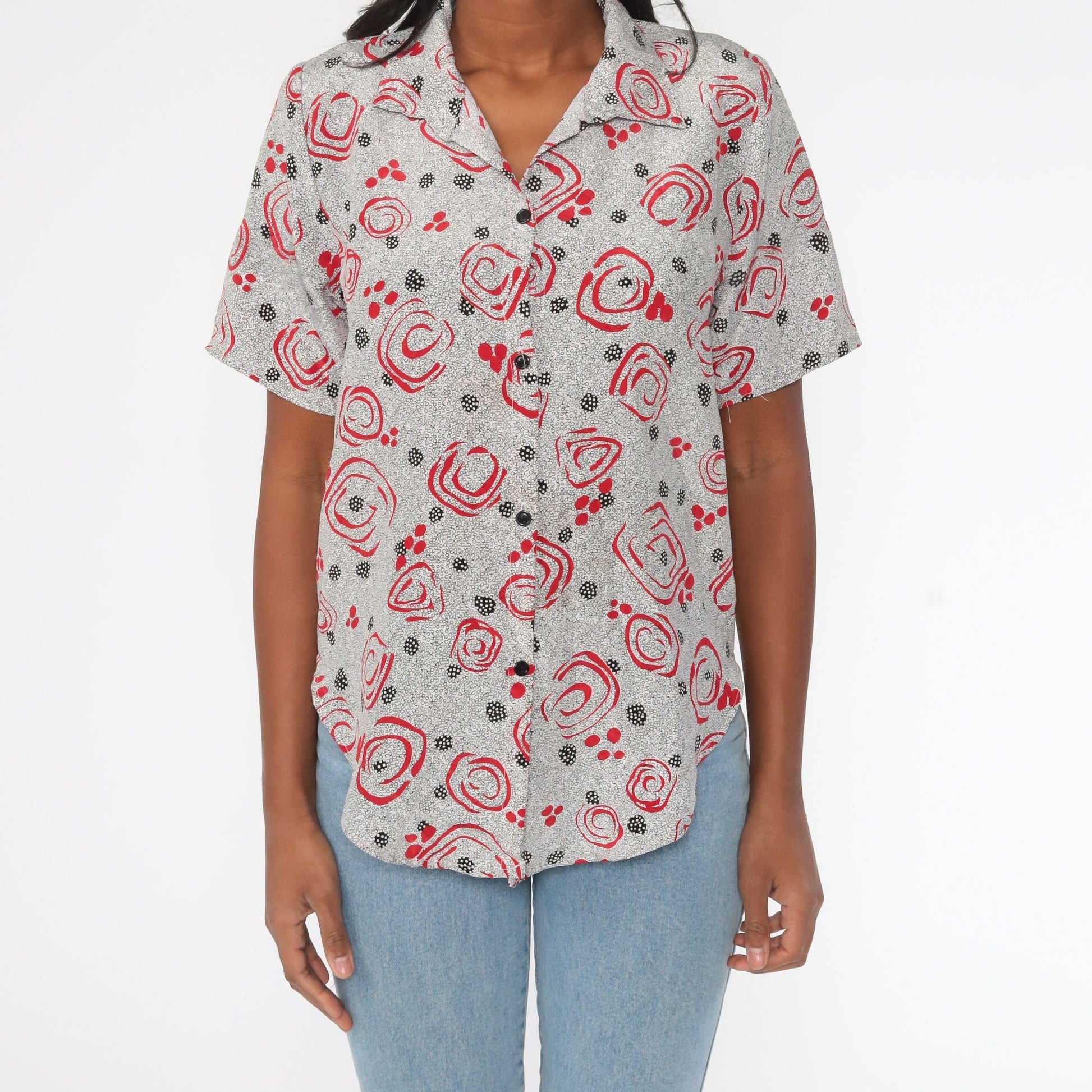 90s Abstract Floral Polka Dot Button Up Shirt Red Black Short Sleeve Medium