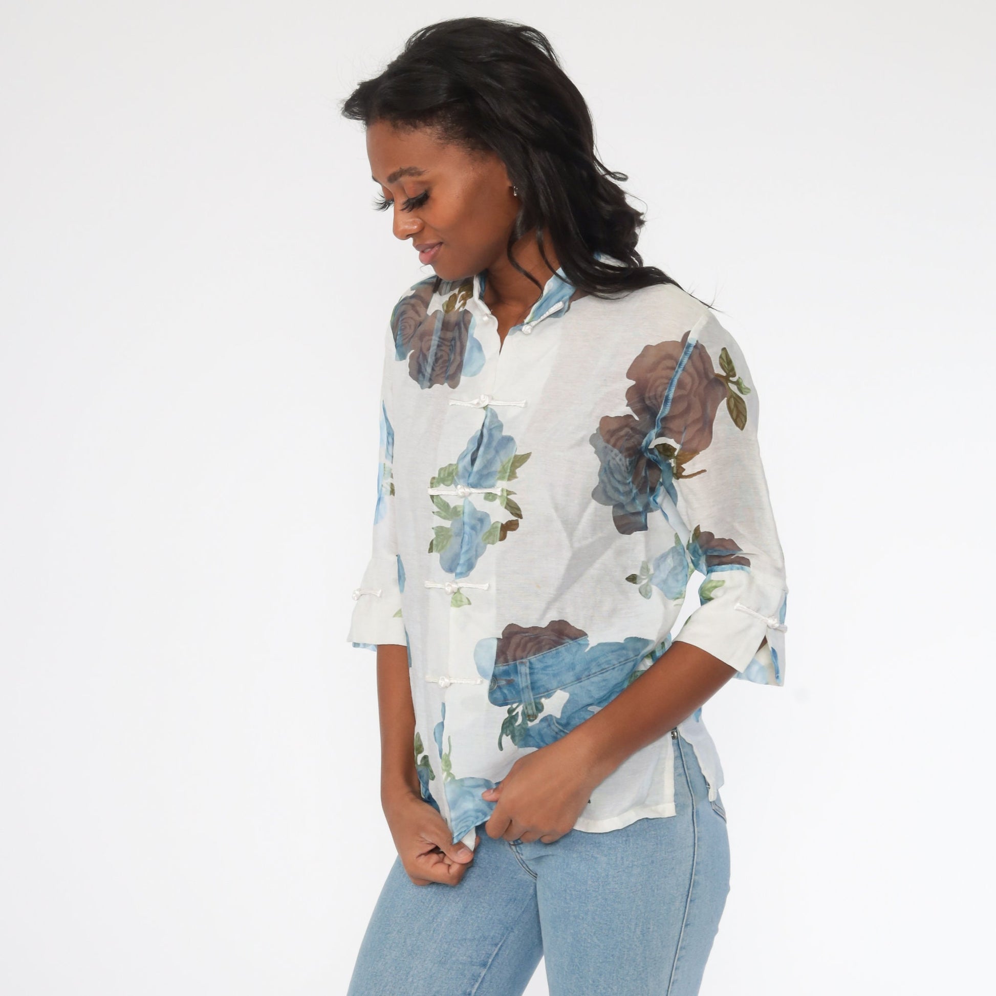 90s Floral Mandarin Collar Blouse White Button-Up Sheer 3/4 Sleeve Medium
