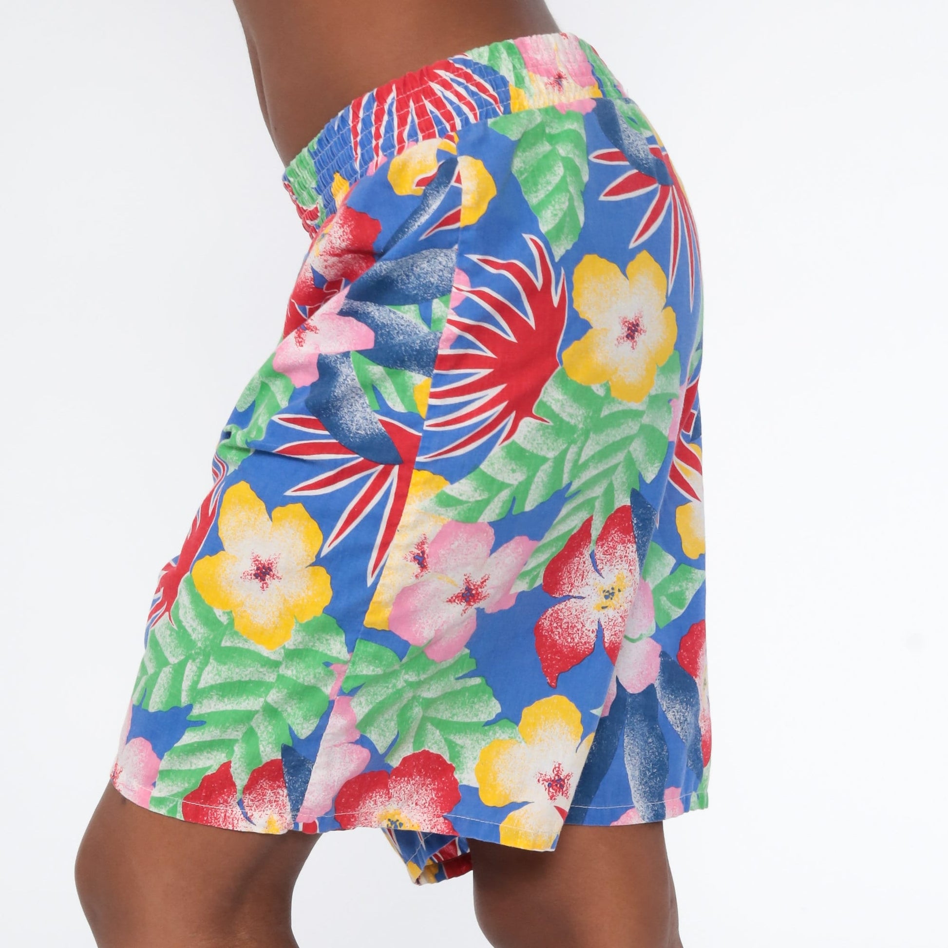 90s Tropical Floral High-Waist Shorts Cotton Blue Extra Large XXL