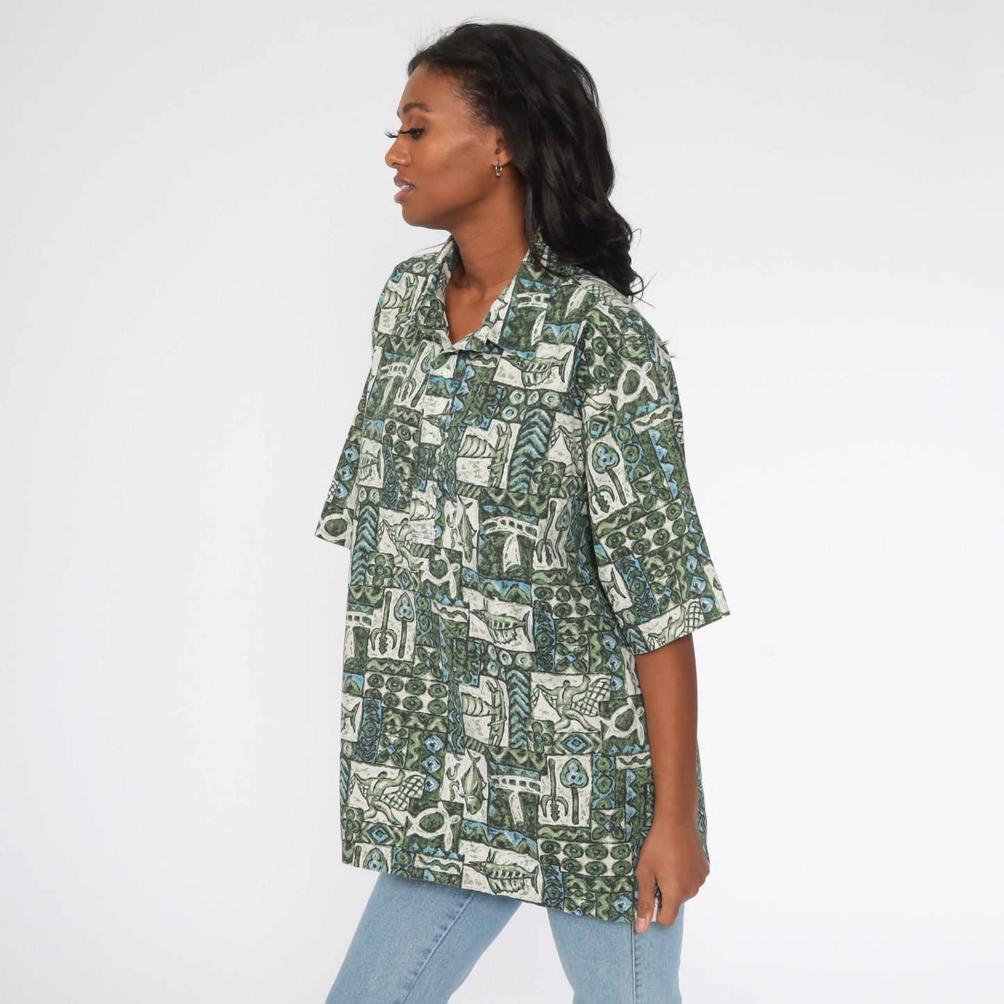 90s Tropical Fish Print Hawaiian Shirt Cotton Button Up Plus Size XXL