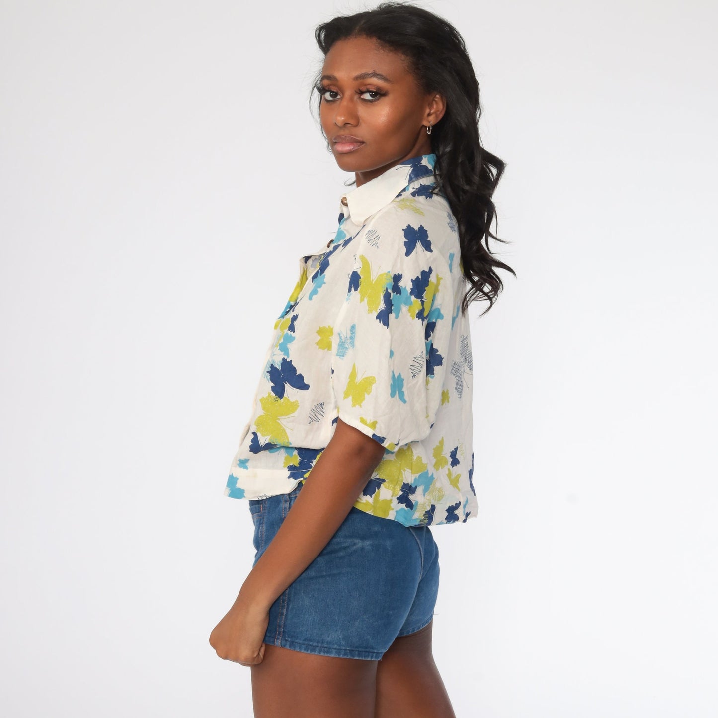 00s Tropical Butterfly Button Up Shirt Beige Blue Cotton Large