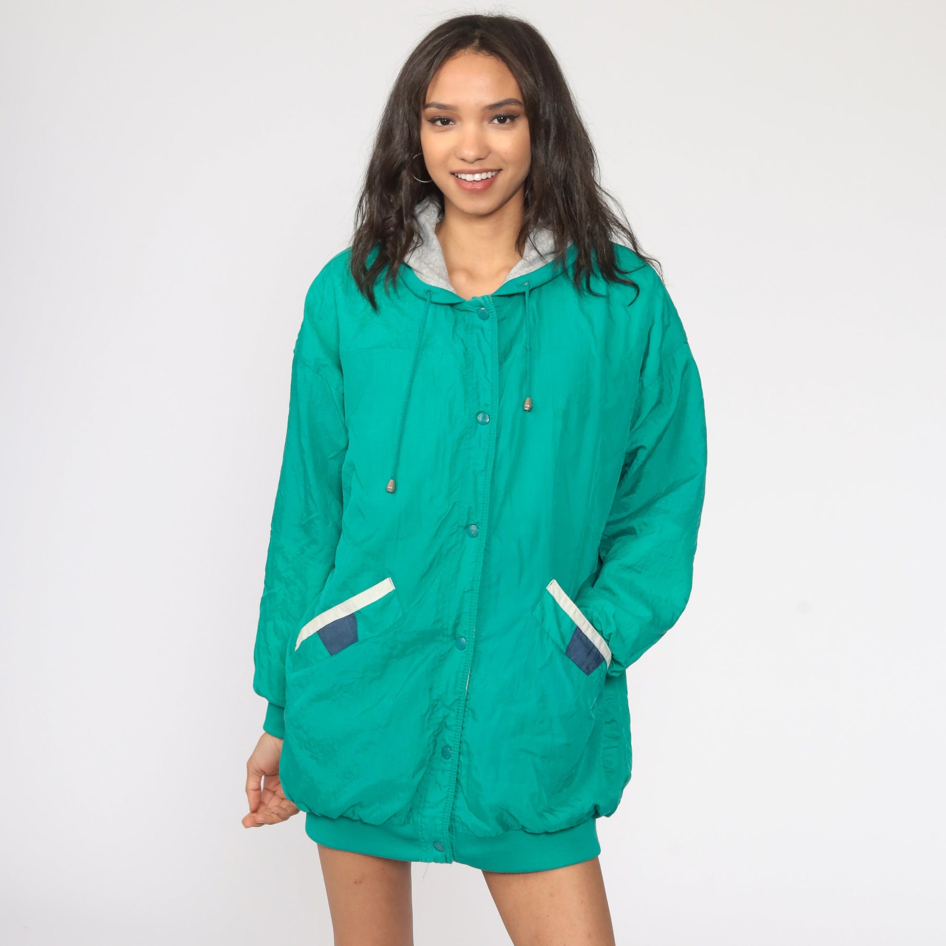 80s Reversible Hooded Windbreaker Nylon Green Grey Color Block Jacket
