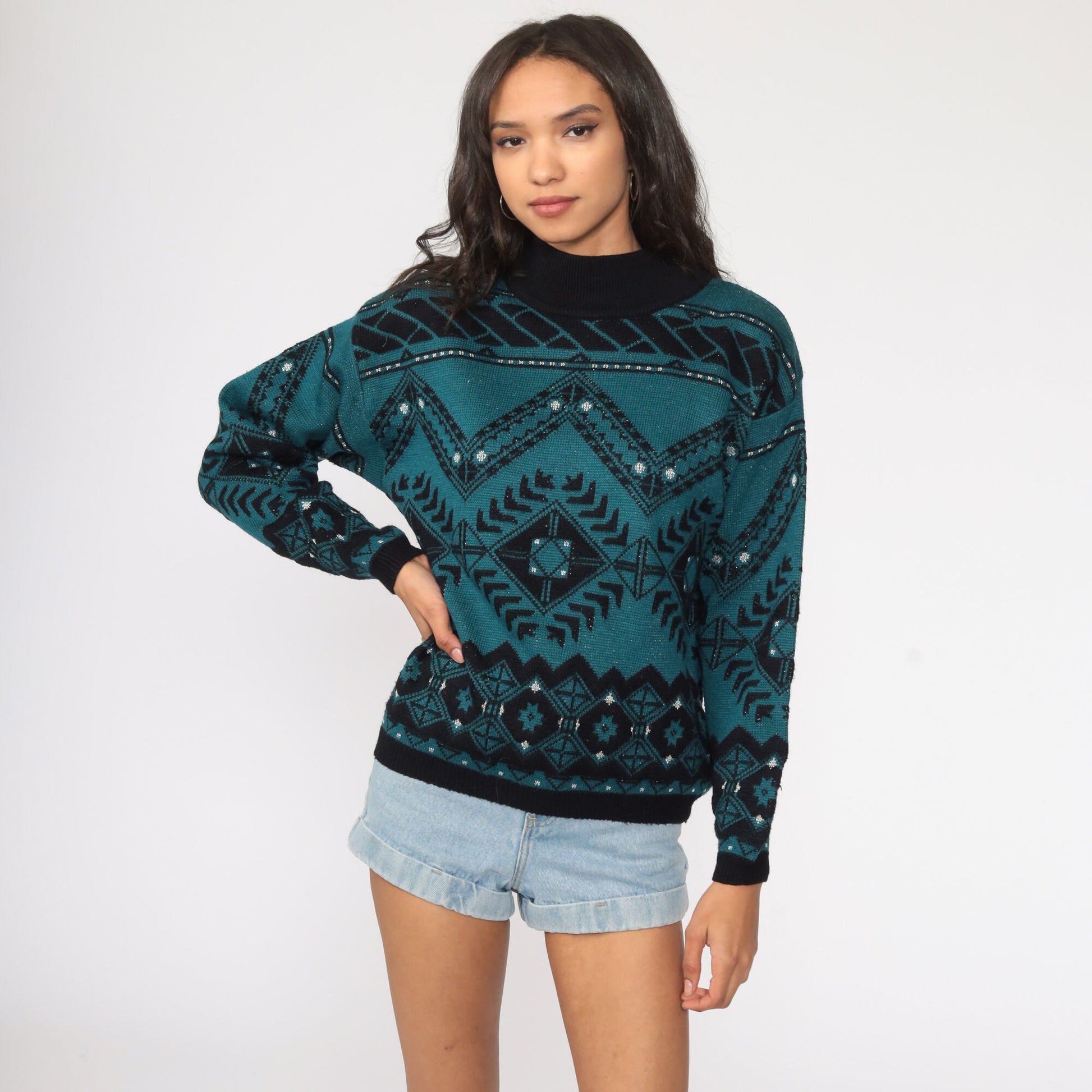 70s Geometric Wool Sweater Black Teal Metallic Pullover Medium