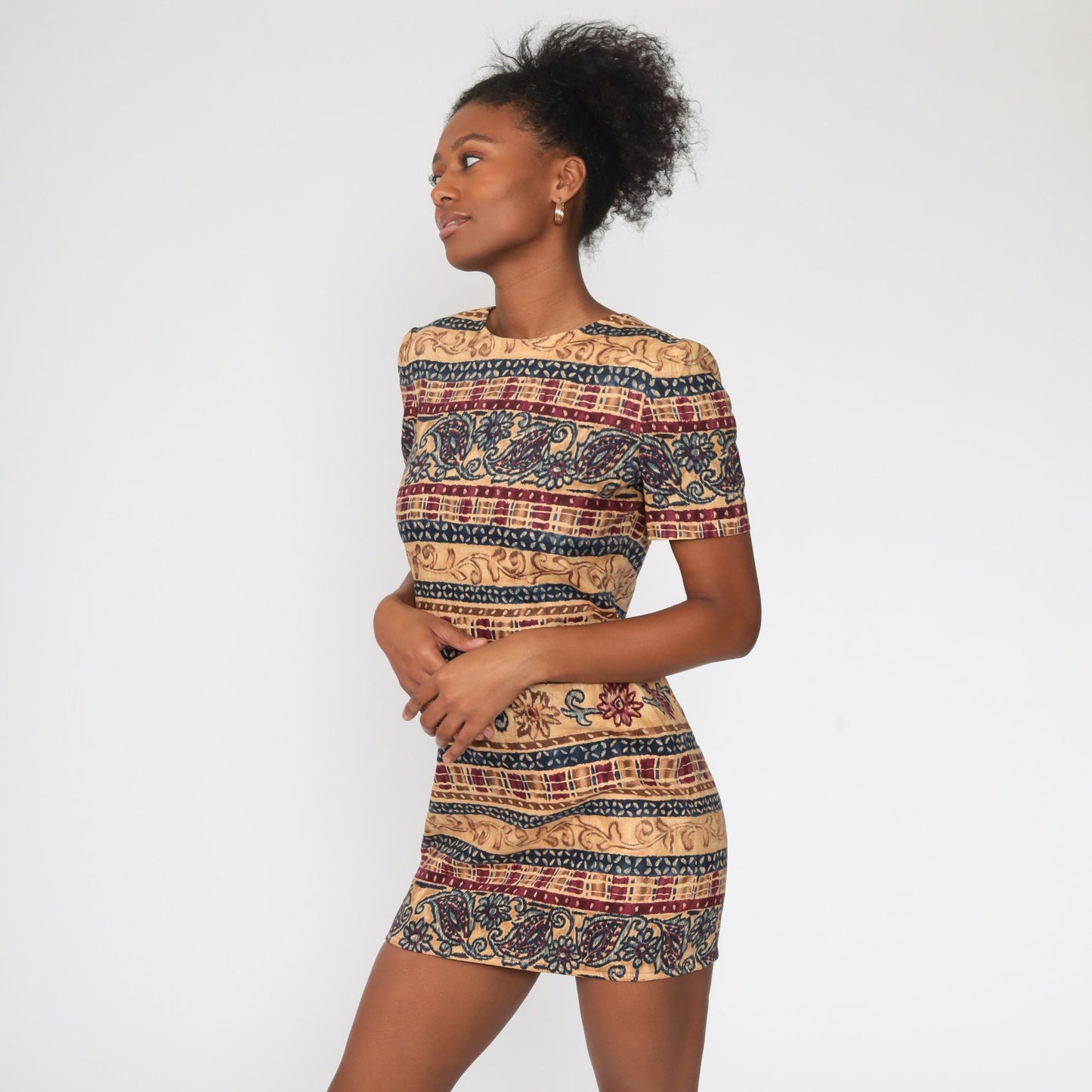 90s Liz Claiborne Floral Linen Mini Dress Yellow Striped Button Back Small