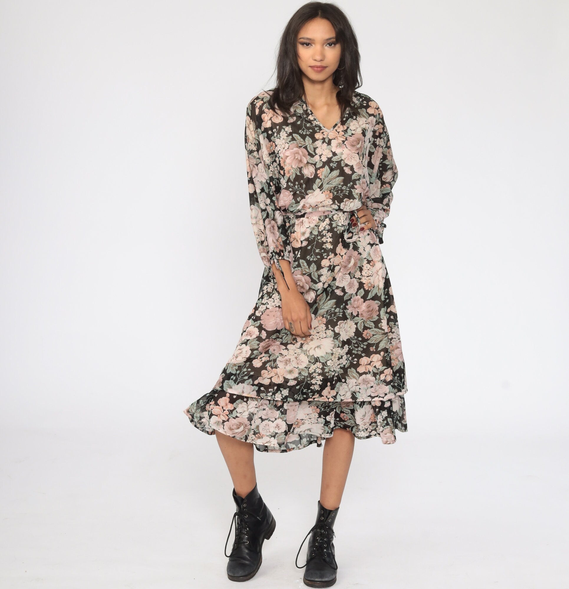 70s Black Floral Midi Dress Long Sleeve High Waist Semi-Sheer Large