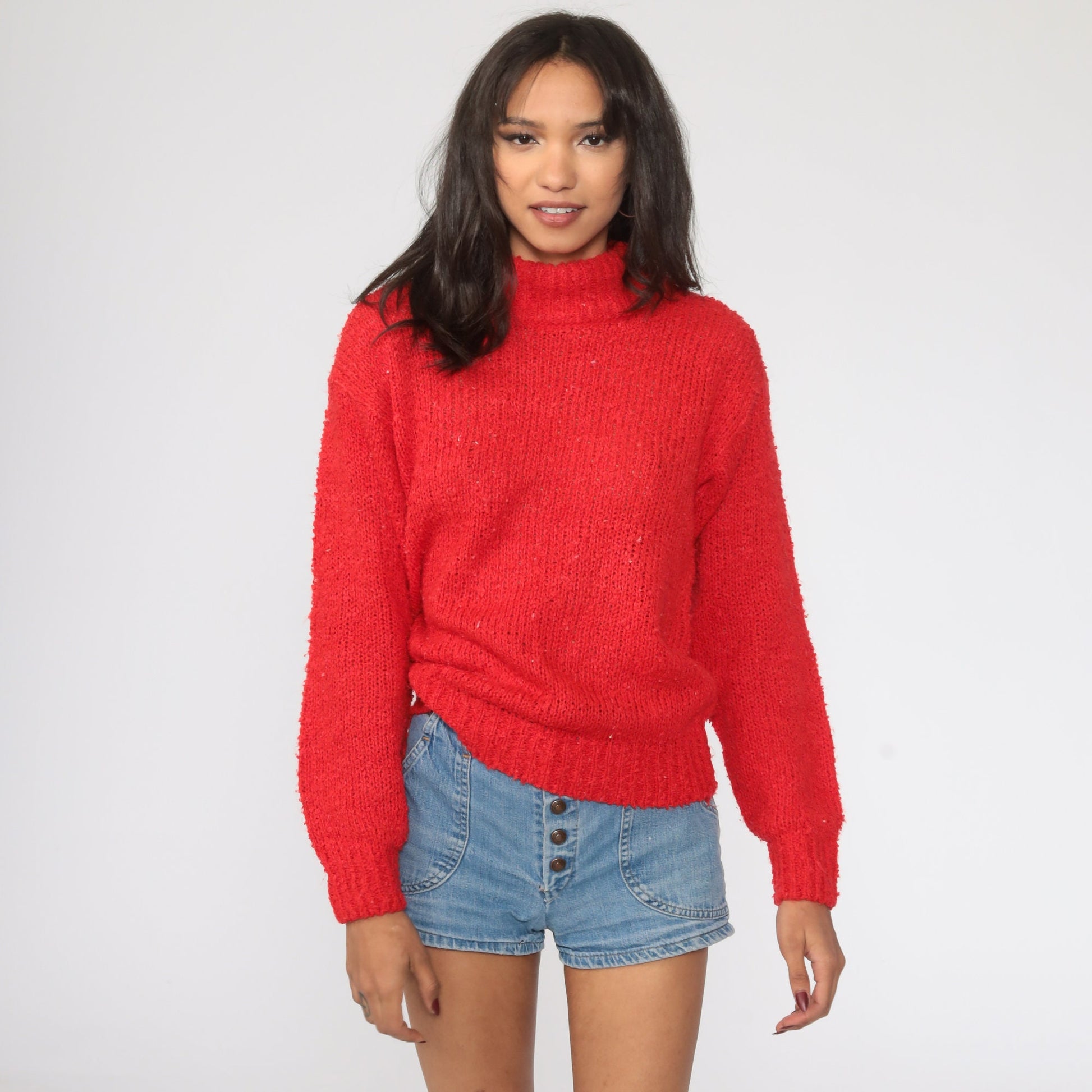 80s Red Mock Neck Knit Pullover Sweater Small Medium