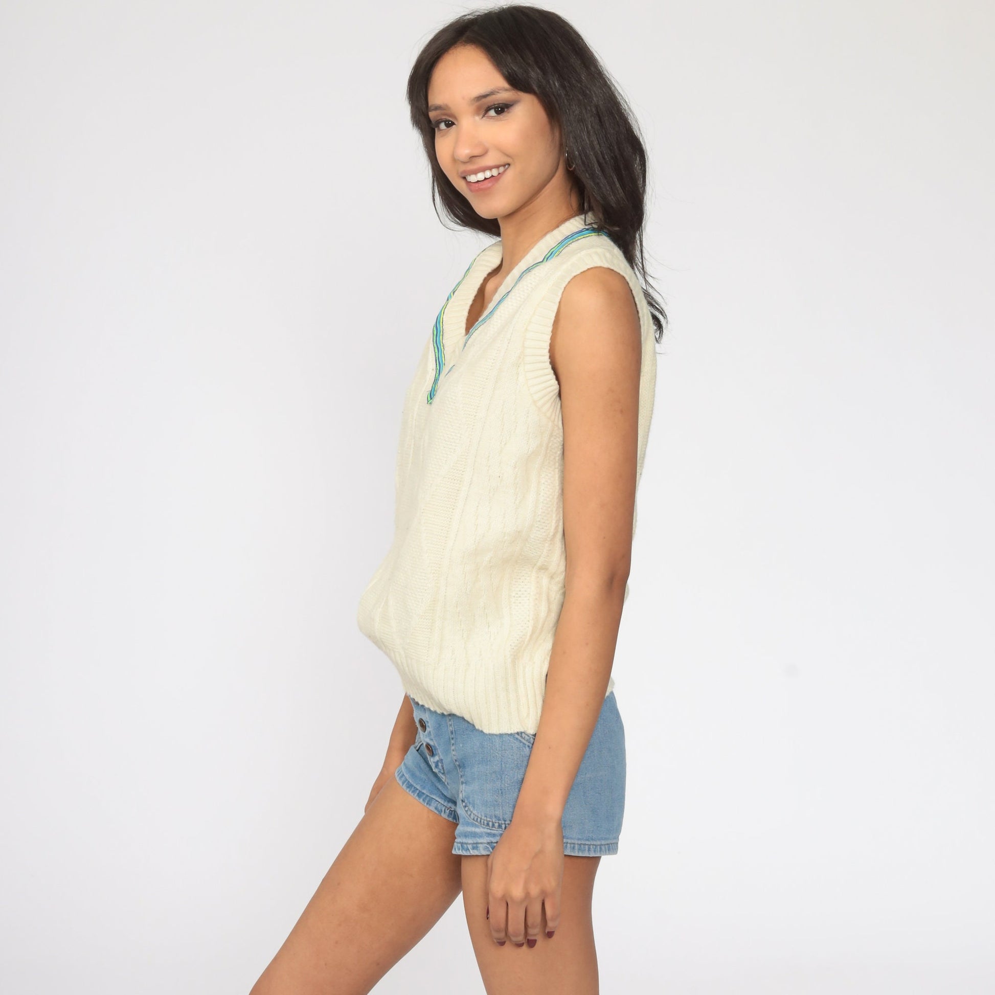 80s Cable Knit Vest Top Cream V-Neck Sleeveless Sweater Small Medium
