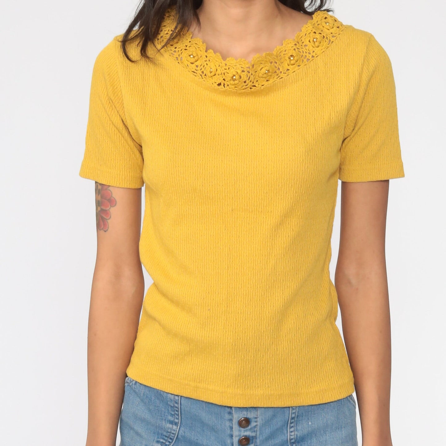 80s Mustard Yellow Crochet Trim Blouse Cotton Short Sleeve Small