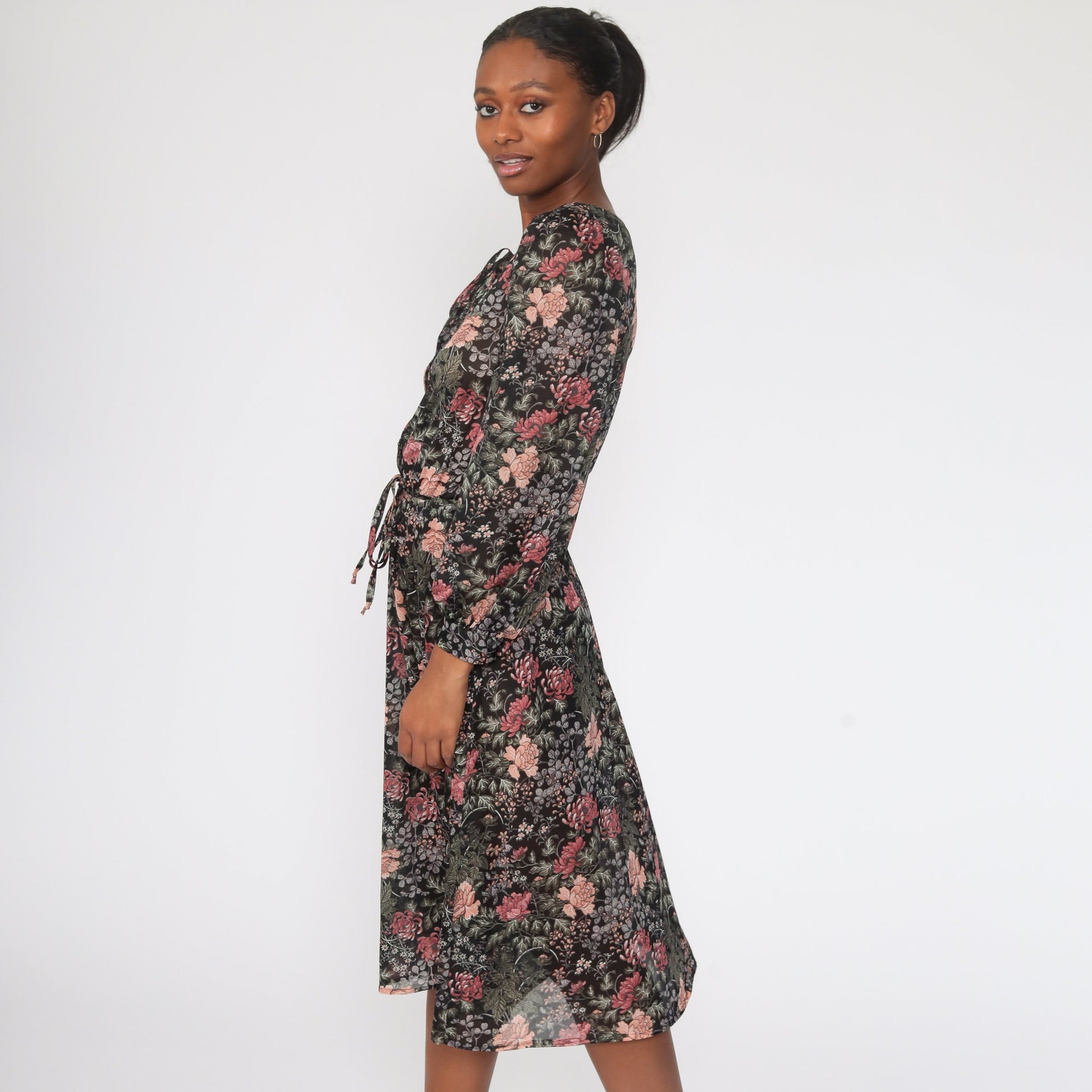 70s Floral Midi Dress Puff Sleeve Button-Up High Waist Semi-Sheer Small