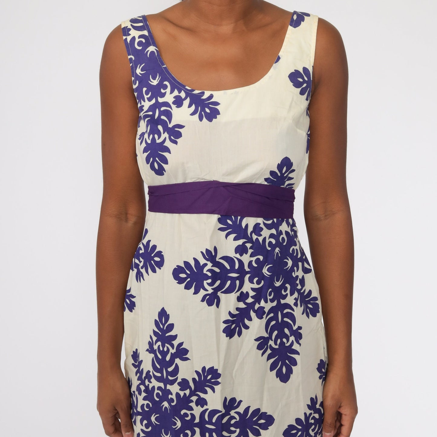 70s Floral Midi Dress Empire Waist Sleeveless White Purple Extra Small