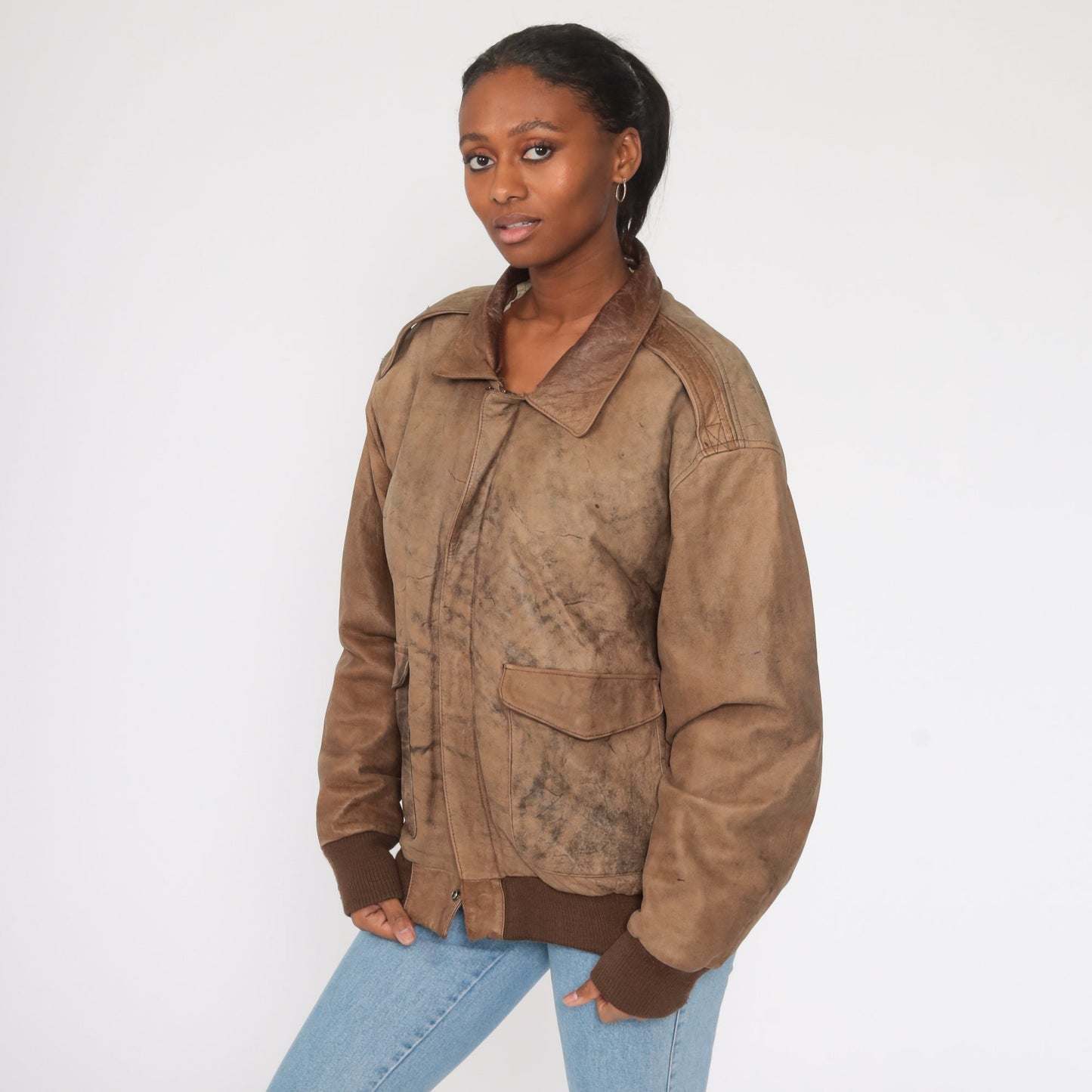 80s Charles Klein Brown Leather Bomber Jacket Moto Biker Extra Large