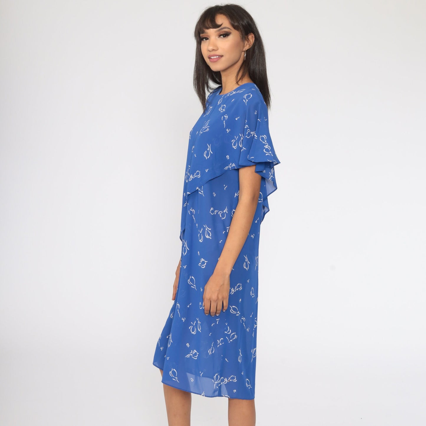 90s Floral Shift Dress Blue Flutter Sleeve Midi Semi-Sheer Medium