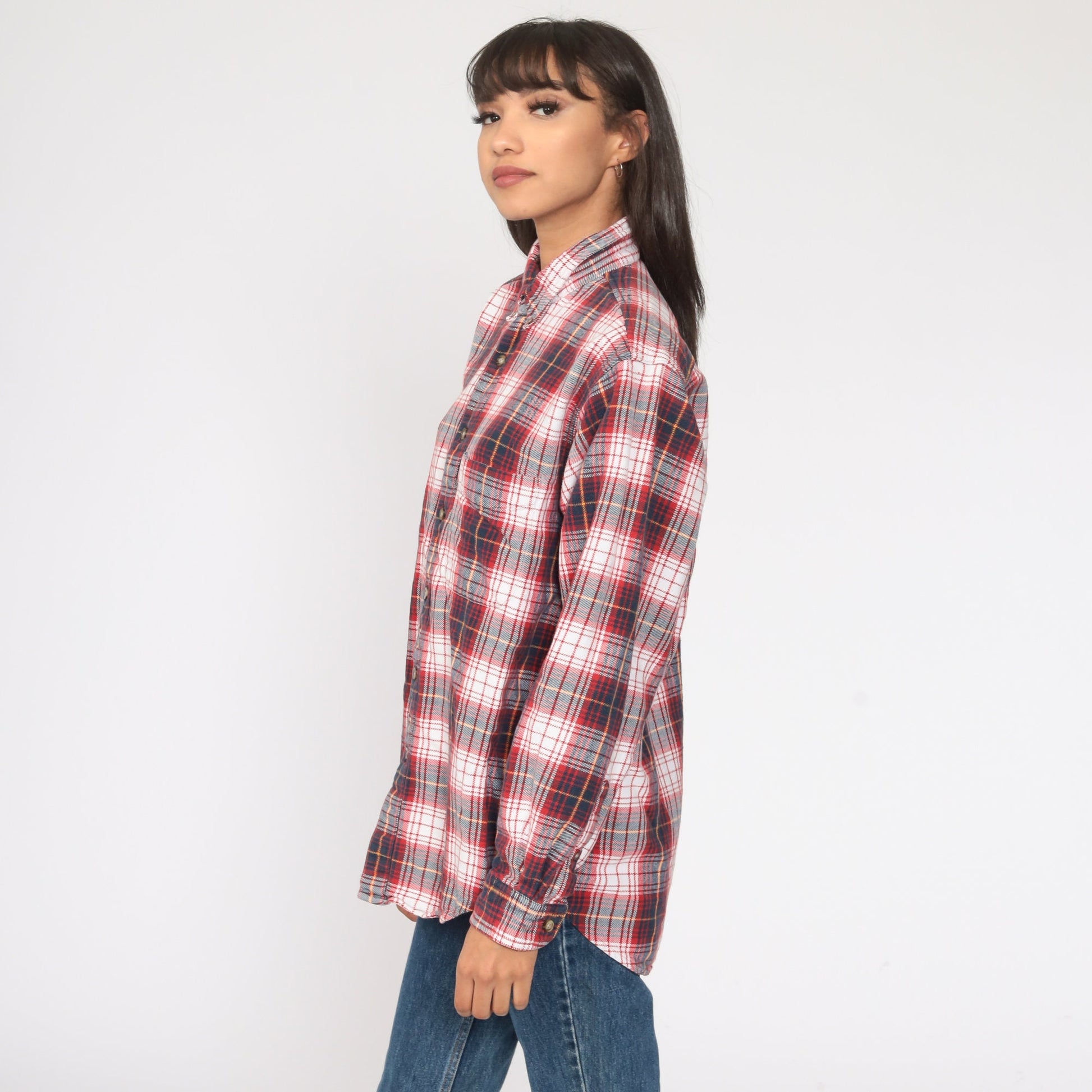 90s Red Navy Plaid Flannel Shirt Cotton Button Up Large