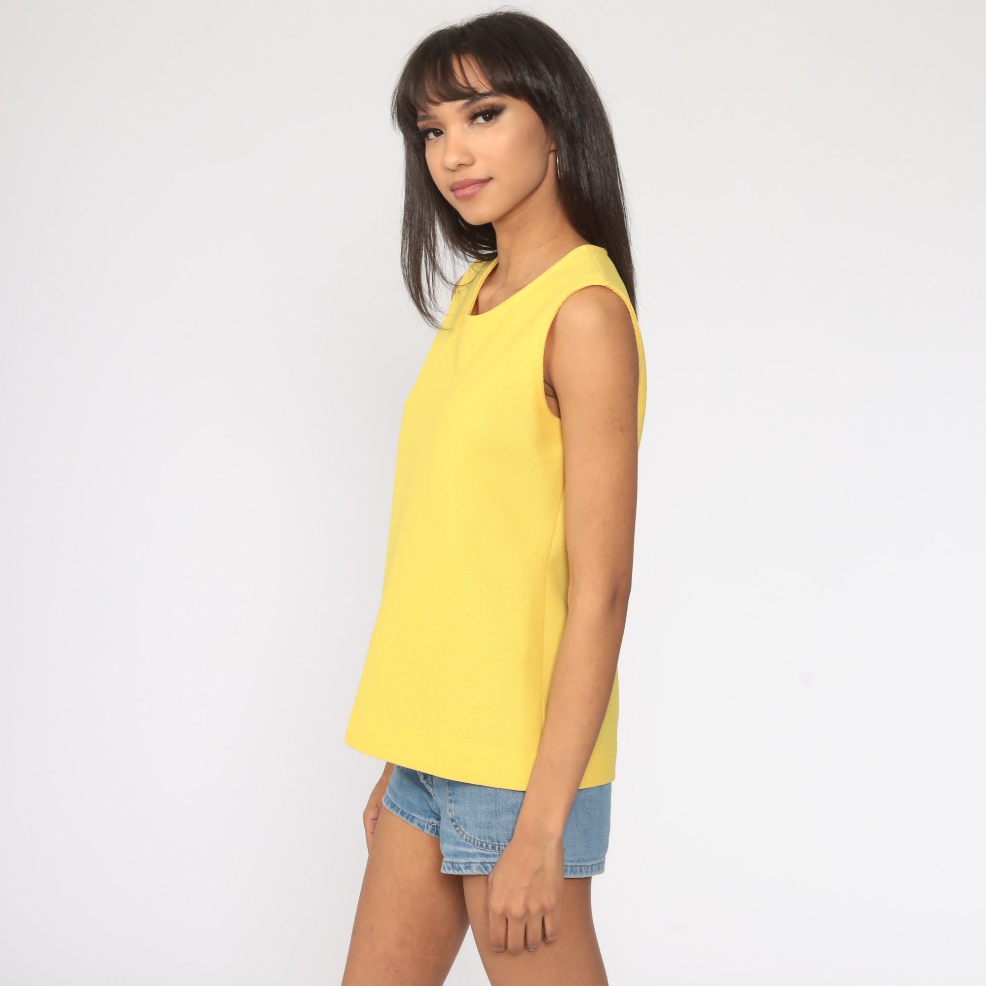 70s Yellow Sleeveless Tank Top Round Neckline Rear Zipper Small