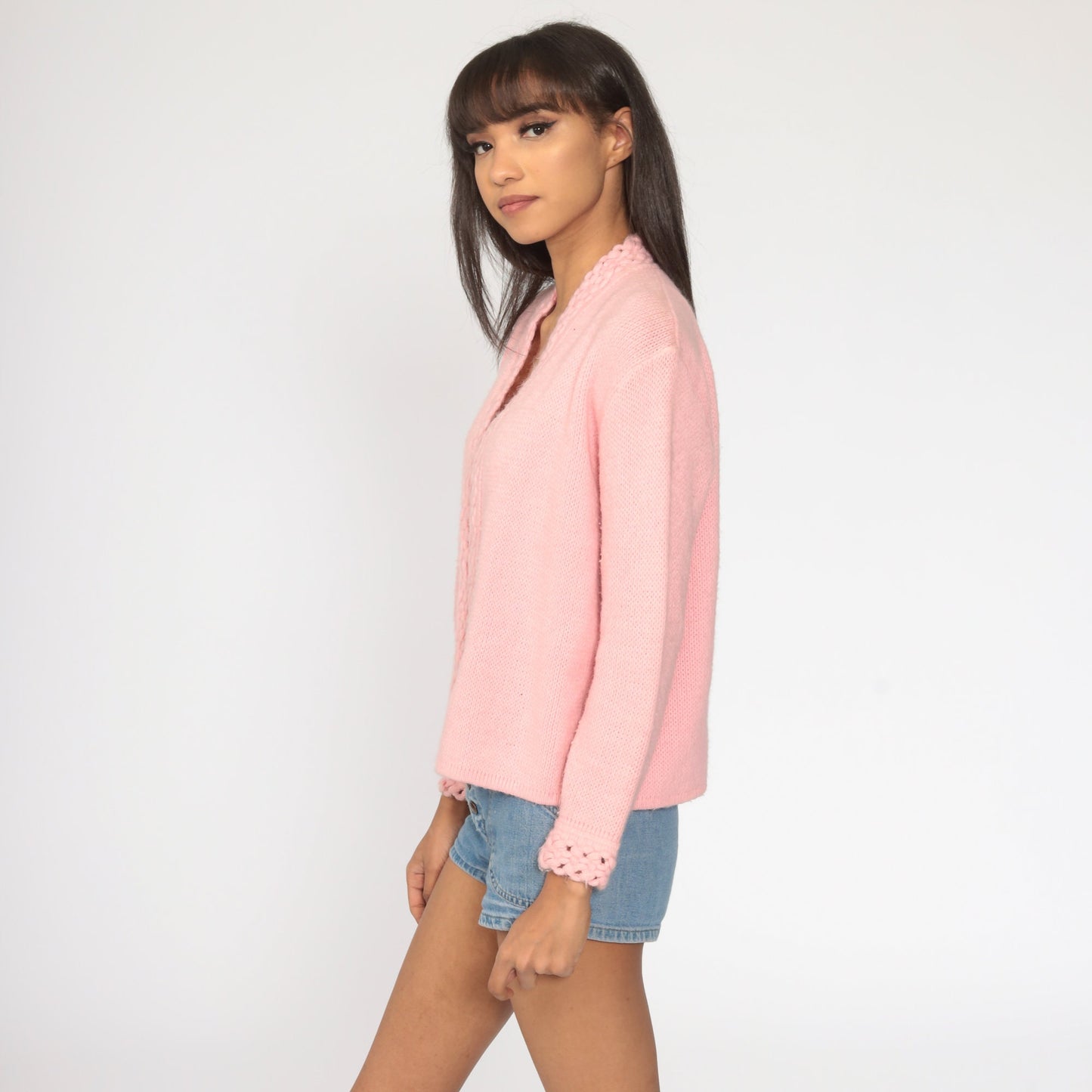 70s Pink Crochet Cardigan Sweater Open Front Knit Medium M