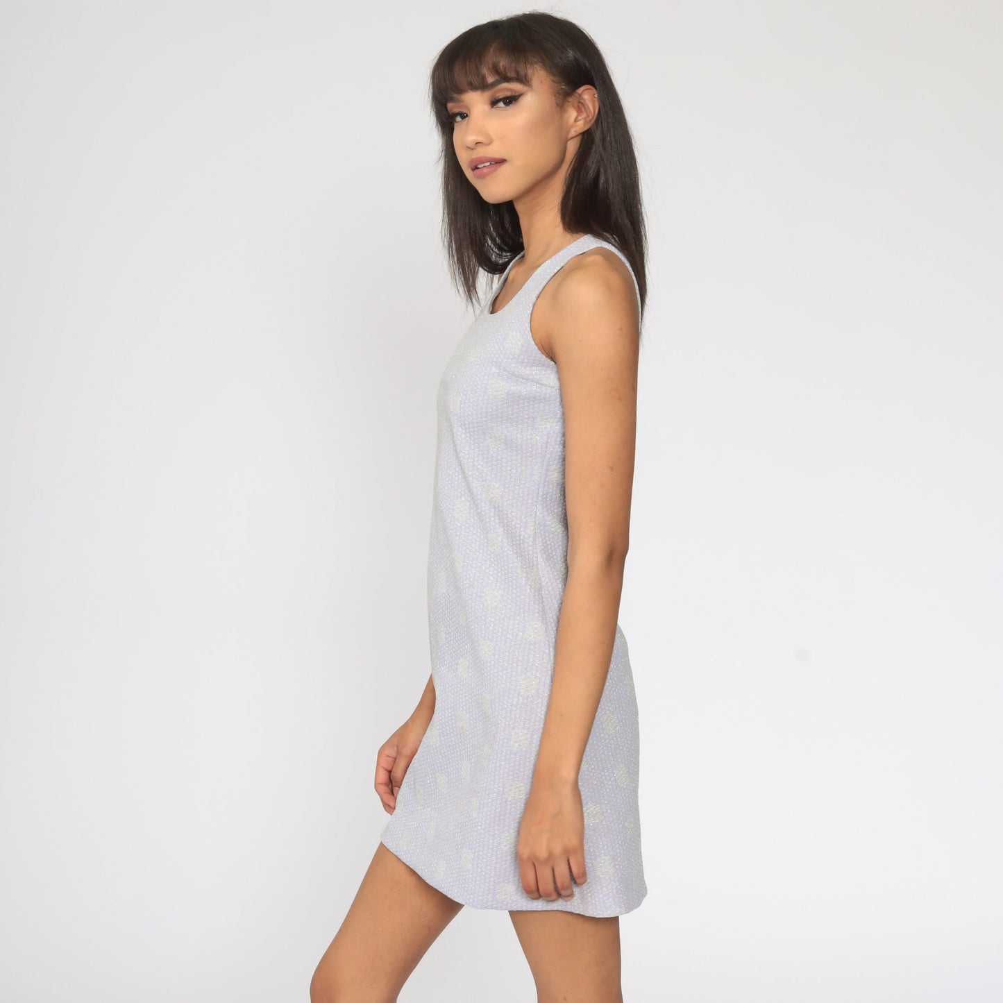 1970s Lavender Metallic Polka Dot Mini Dress Sleeveless Sheath Extra Small