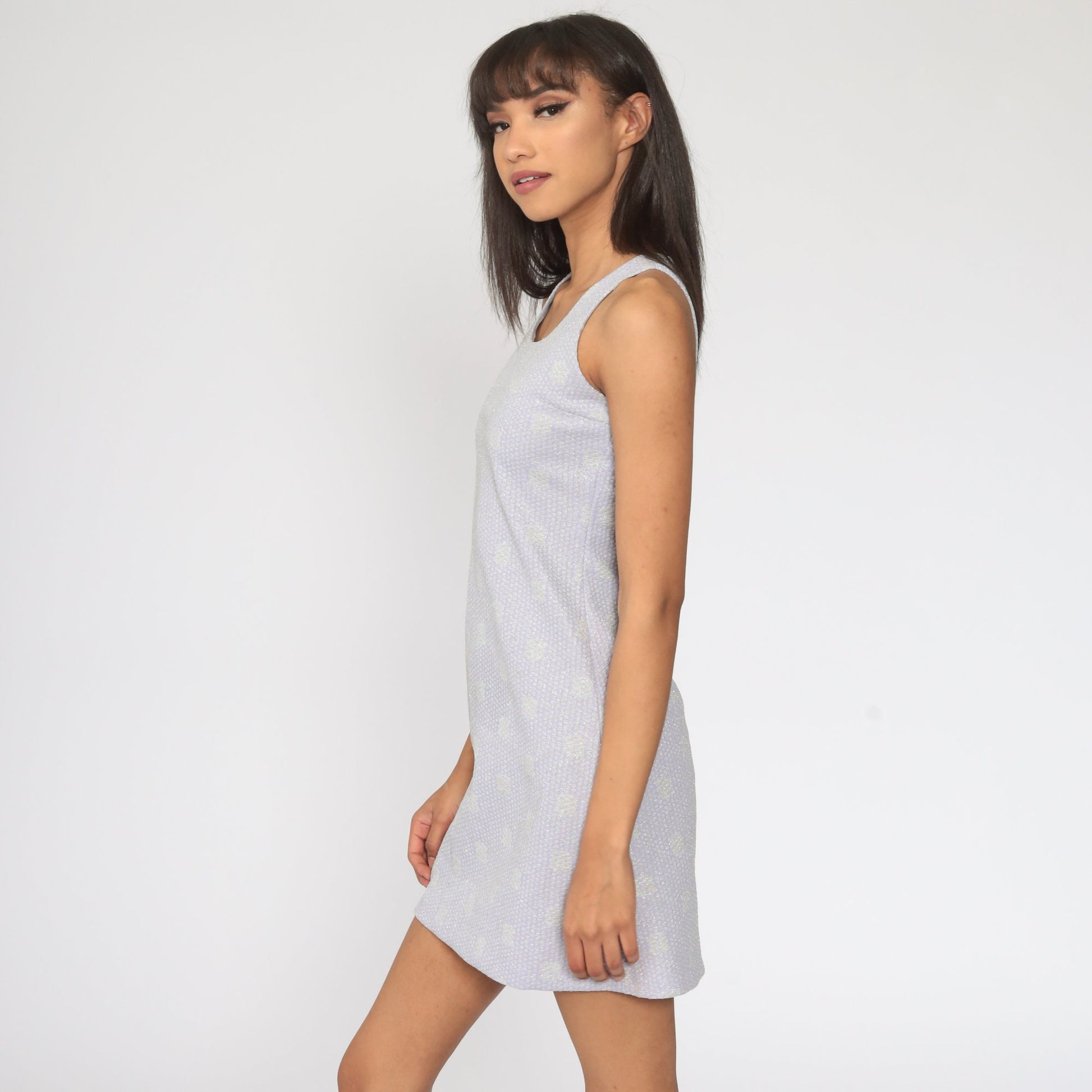 1970s Lavender Metallic Polka Dot Mini Dress Sleeveless Sheath Extra Small
